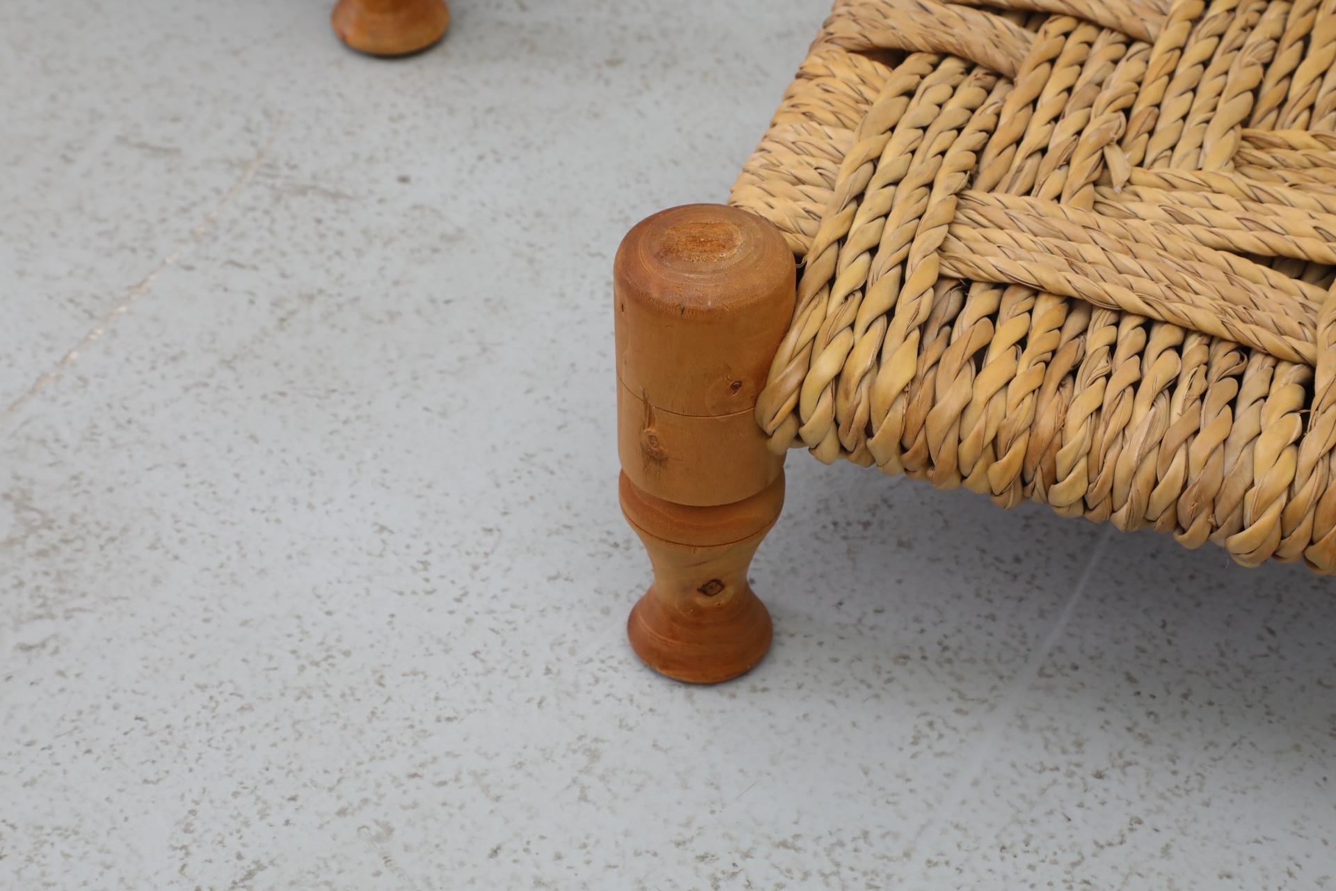 Pair of Tiny Low Audoux Minet Style Woven Seagrass and Pine Stools For Sale 10