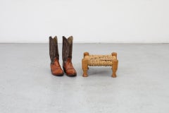 Pair of Tiny Low Audoux Minet Style Woven Seagrass and Pine Stools