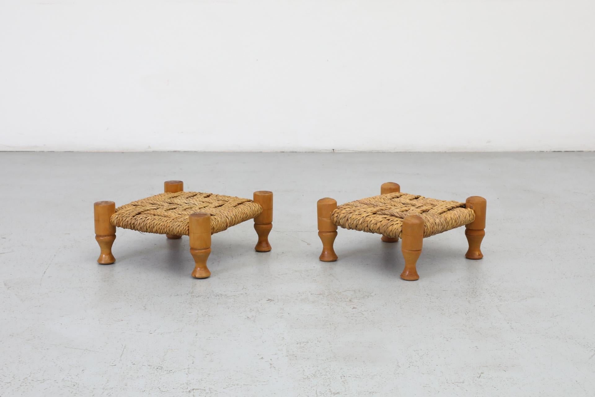 Dutch Pair of Tiny Low Audoux Minet Style Woven Seagrass and Pine Stools For Sale