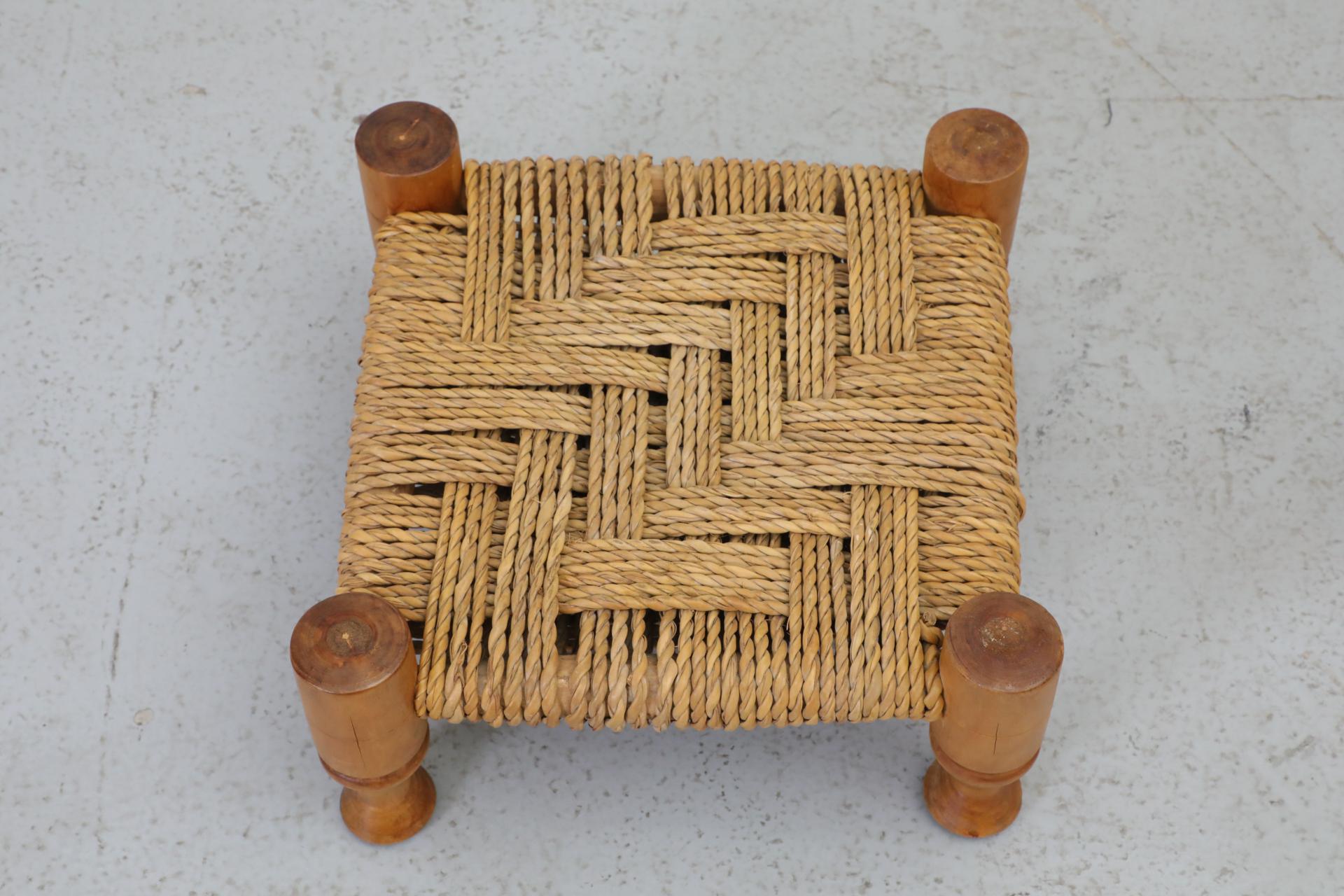 Pair of Tiny Low Audoux Minet Style Woven Seagrass and Pine Stools For Sale 1