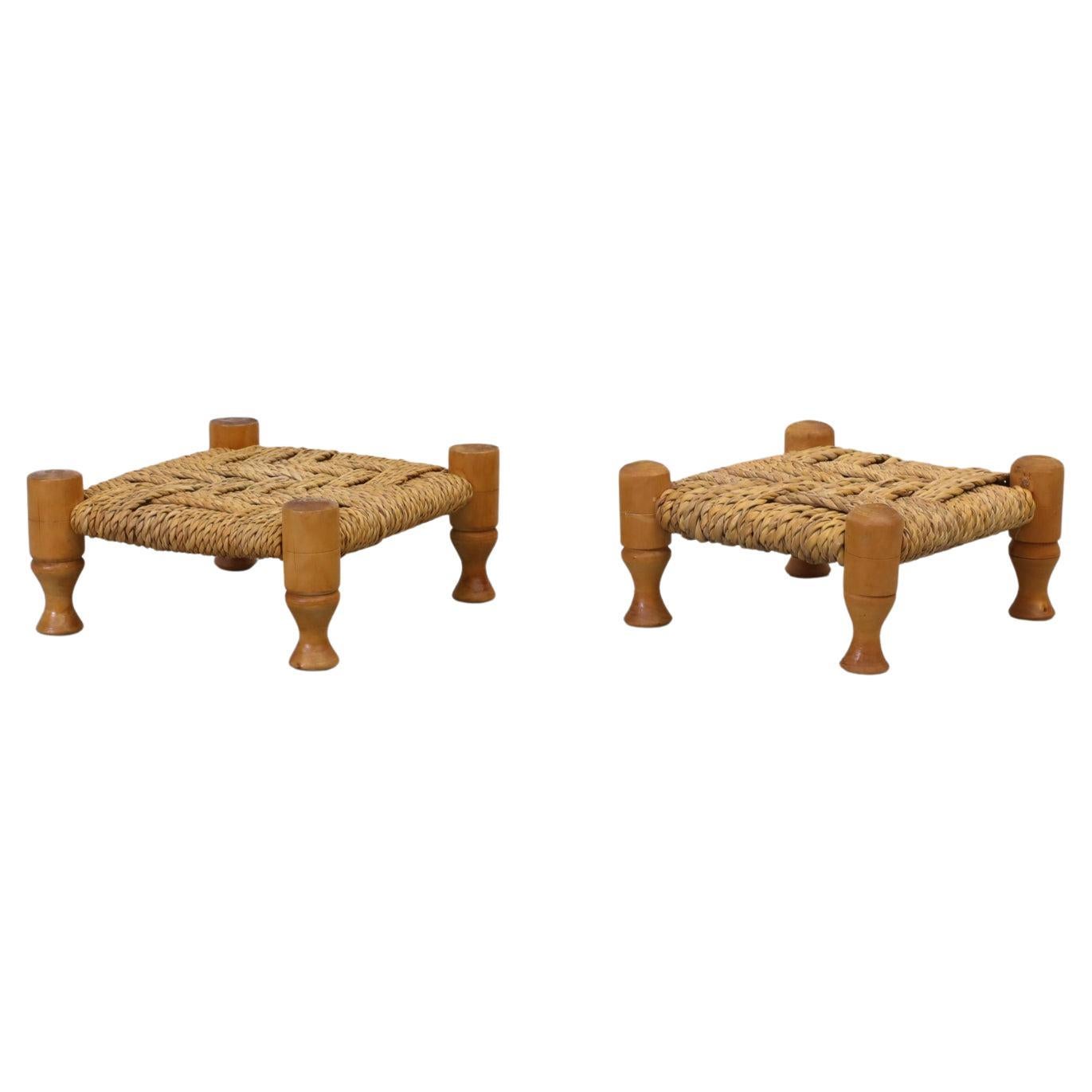Pair of Tiny Low Audoux Minet Style Woven Seagrass and Pine Stools For Sale