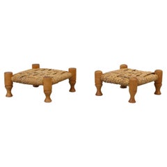 Pair of Tiny Low Audoux Minet Style Woven Seagrass and Pine Stools