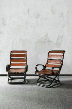 Pair of Tito Agnoli Bamboo Armchairs with Leather Strap Seats, Italy 1960