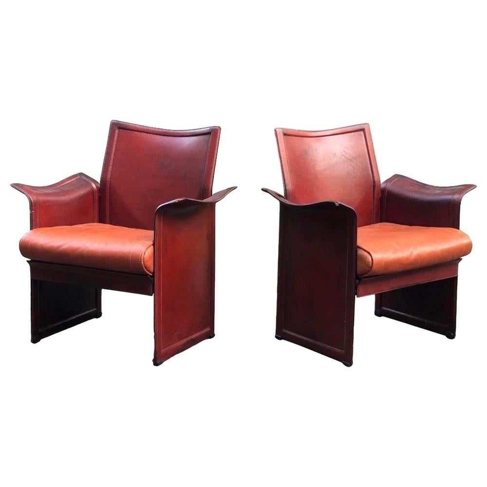 Pair of Tito Agnoli Korium Cognac Leather Armchairs Chairs for Matteo Grassi