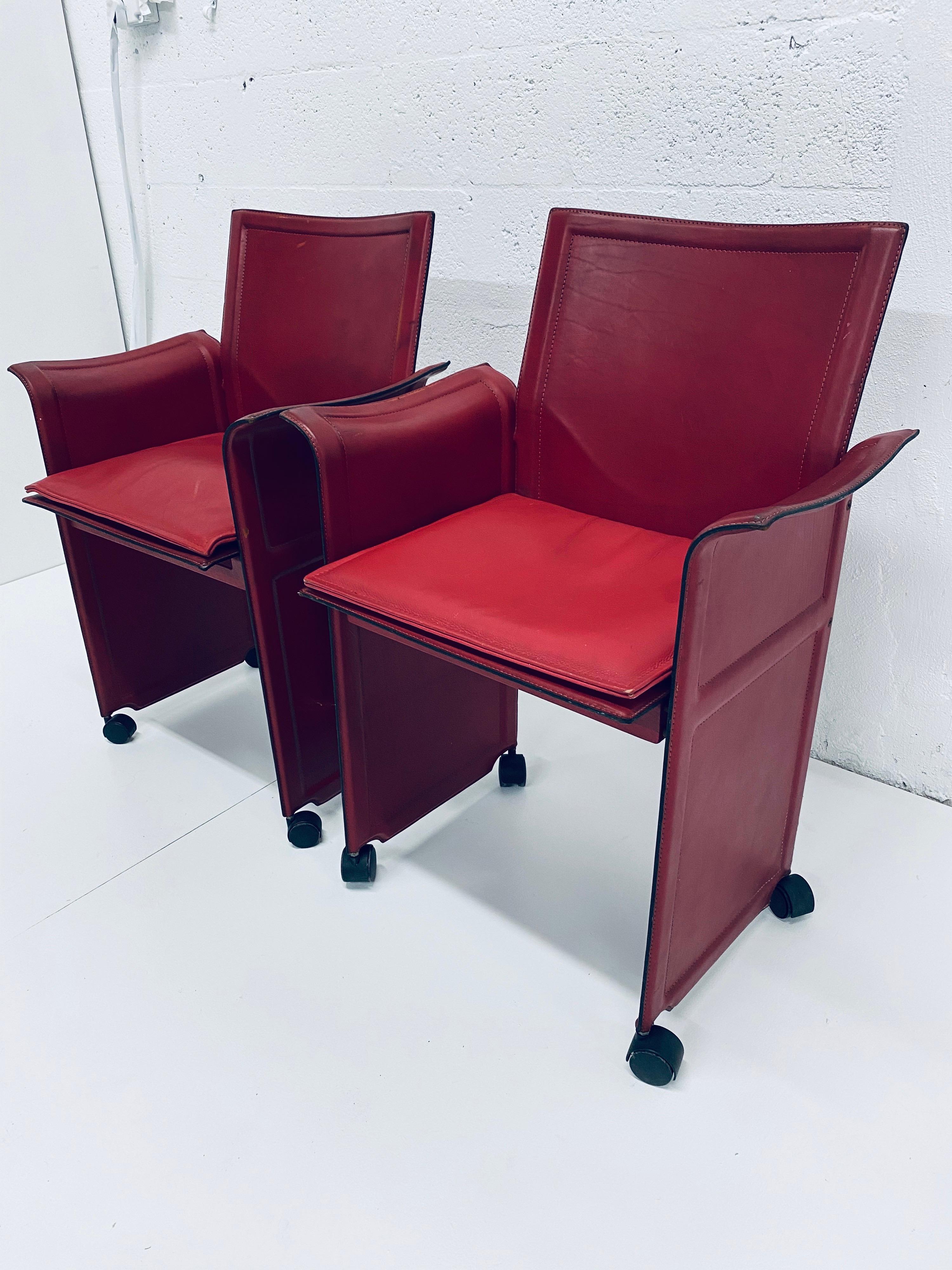 Modern Pair of Tito Agnoli Korium Red Leather Armchairs Chairs for Matteo Grassi