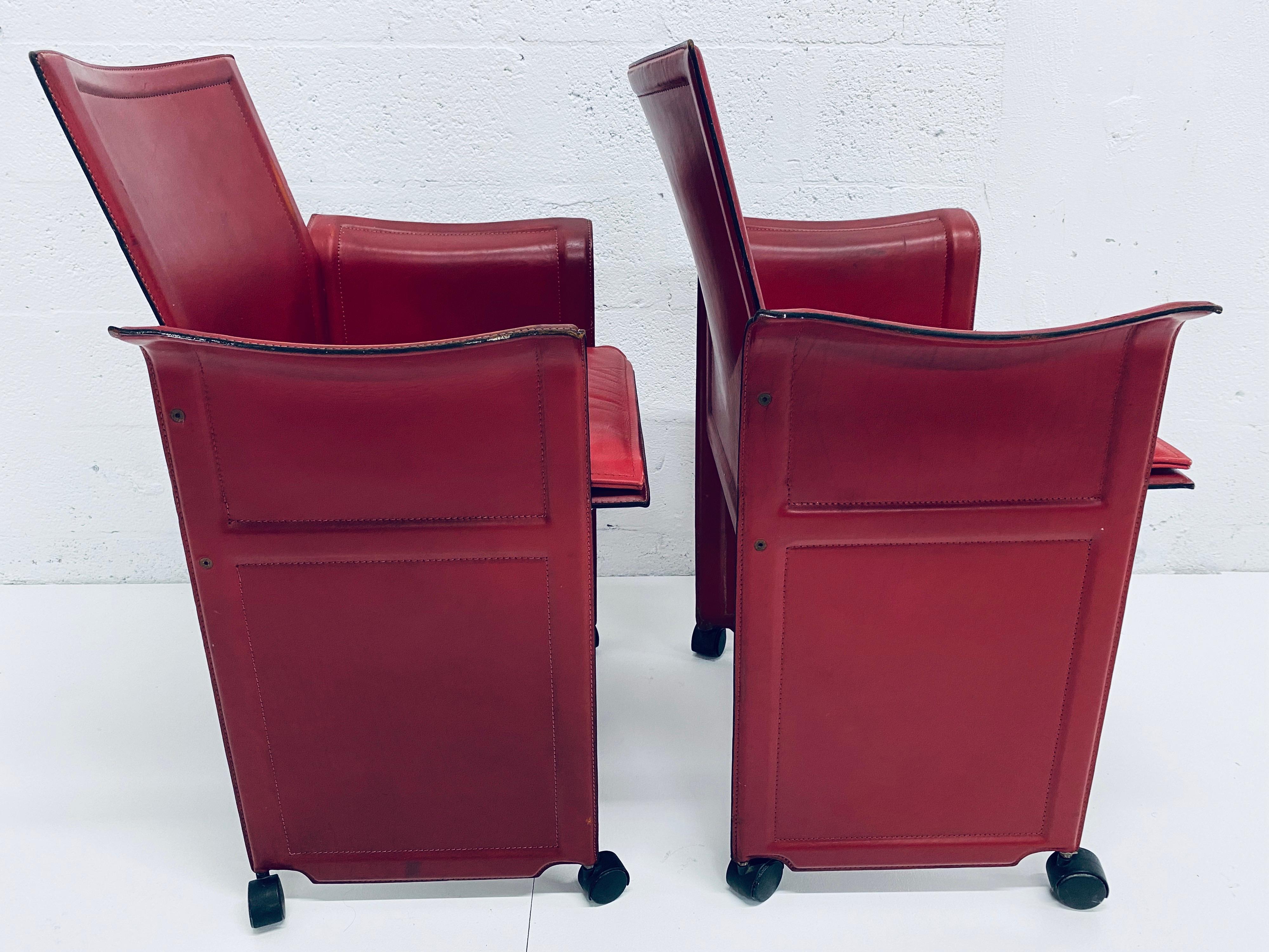 Italian Pair of Tito Agnoli Korium Red Leather Armchairs Chairs for Matteo Grassi