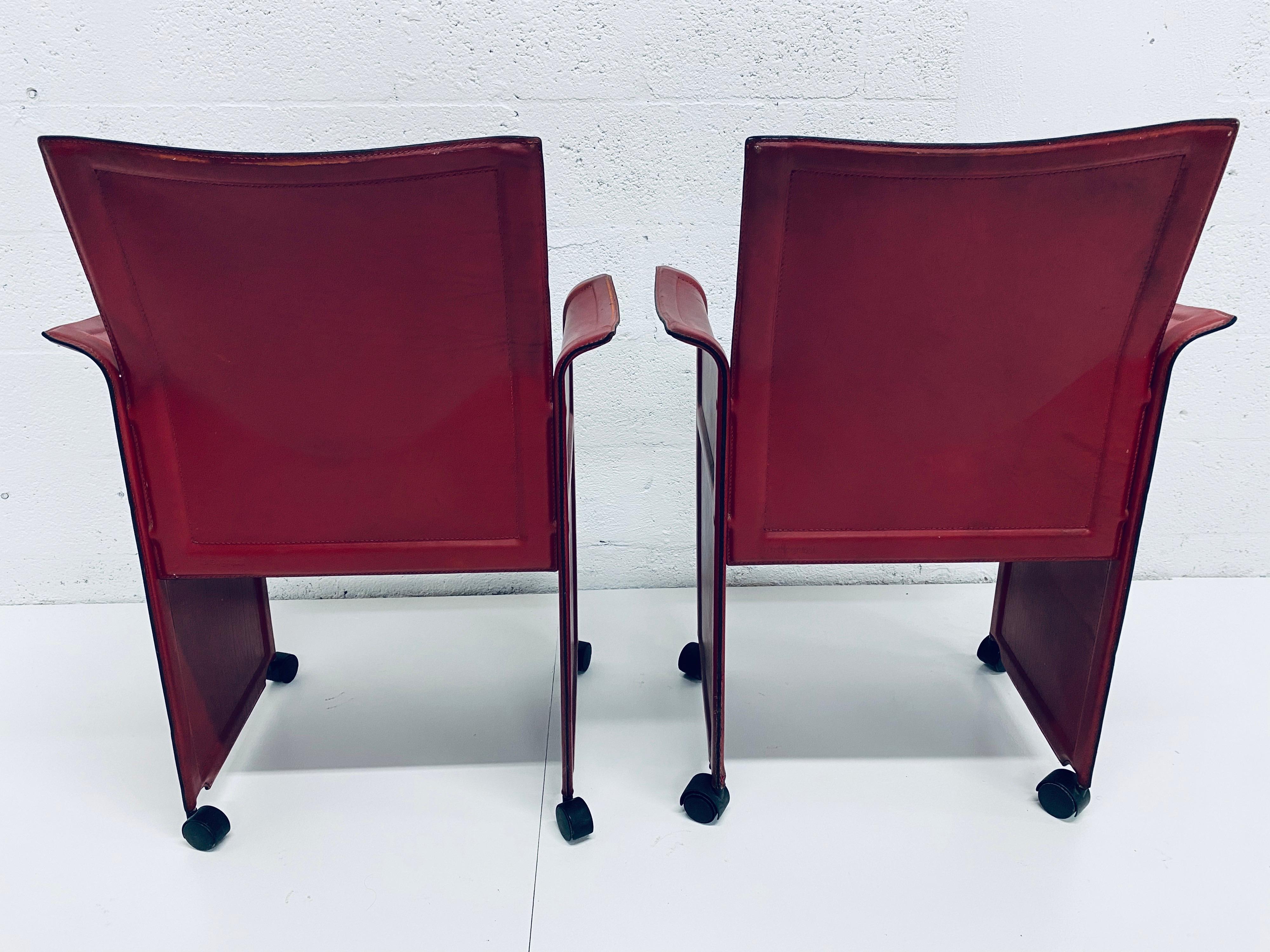 Pair of Tito Agnoli Korium Red Leather Armchairs Chairs for Matteo Grassi In Distressed Condition In Miami, FL
