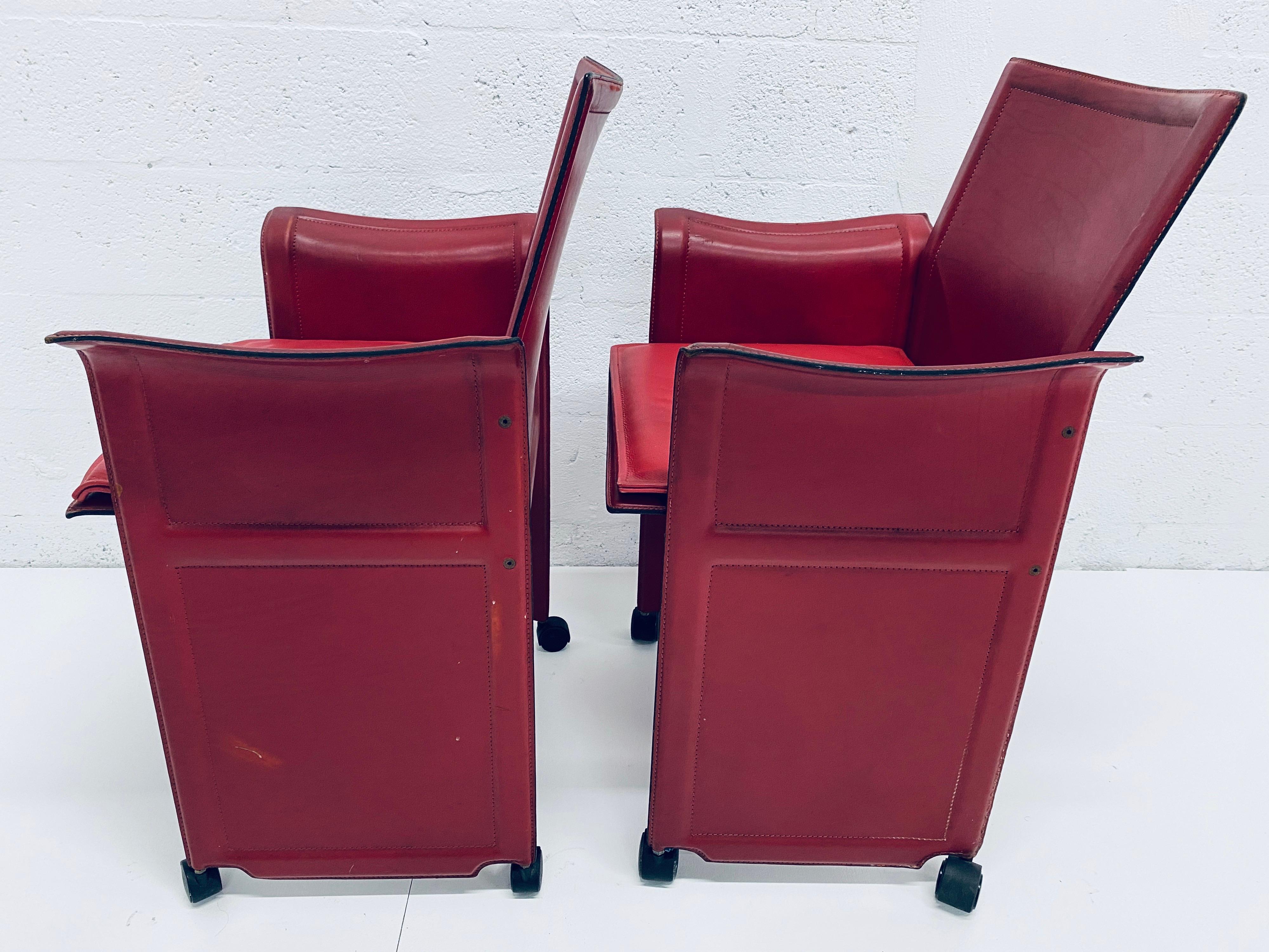 Late 20th Century Pair of Tito Agnoli Korium Red Leather Armchairs Chairs for Matteo Grassi