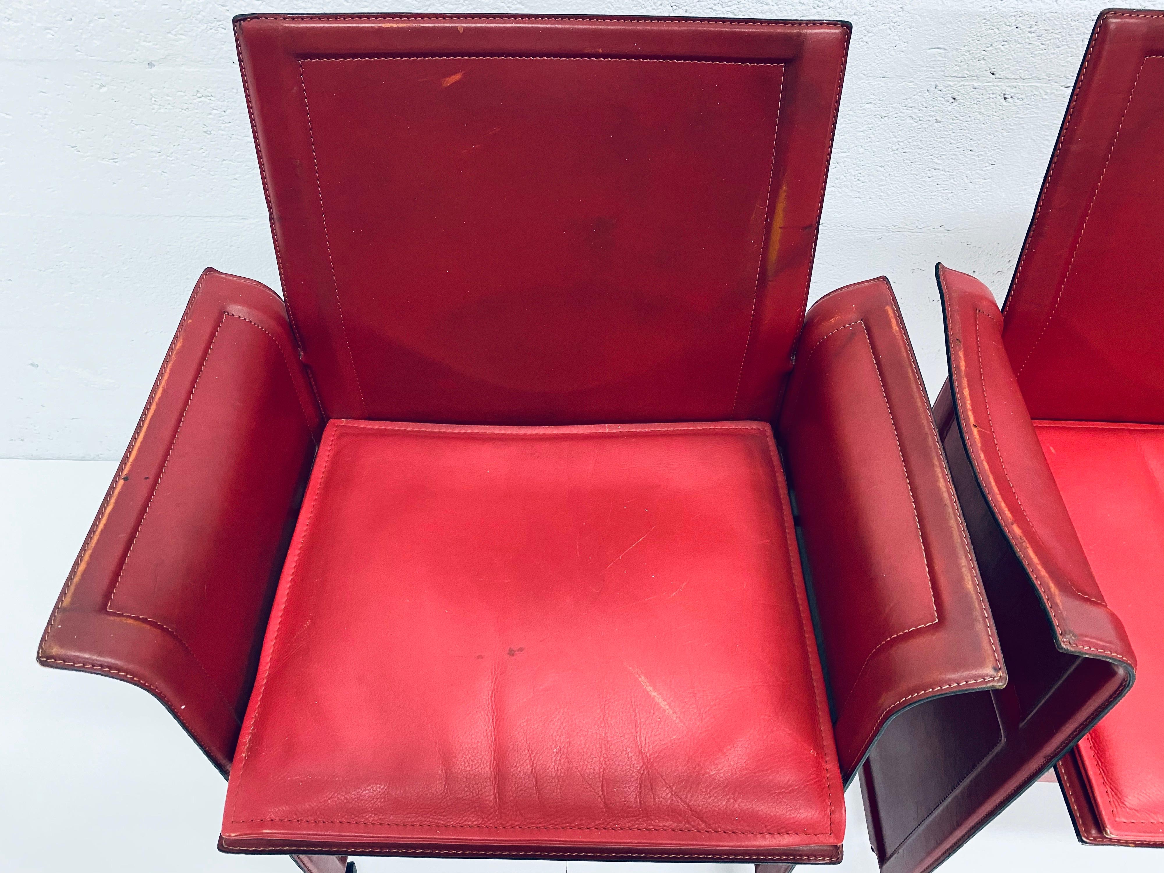 Pair of Tito Agnoli Korium Red Leather Armchairs Chairs for Matteo Grassi 2