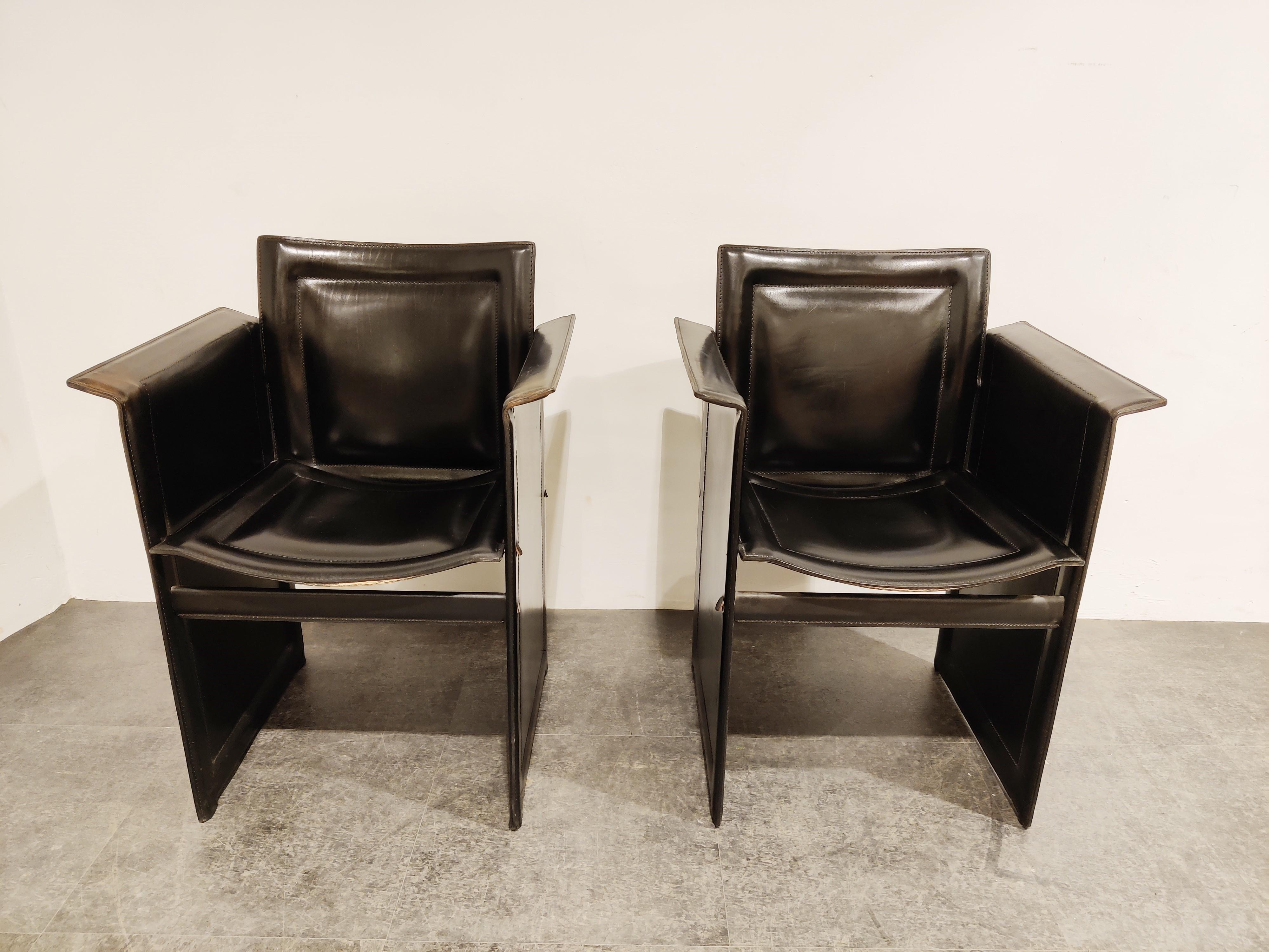 Italian Pair of Tito Agnoli Leather Side Chairs for Matteo Grassi, 1970s