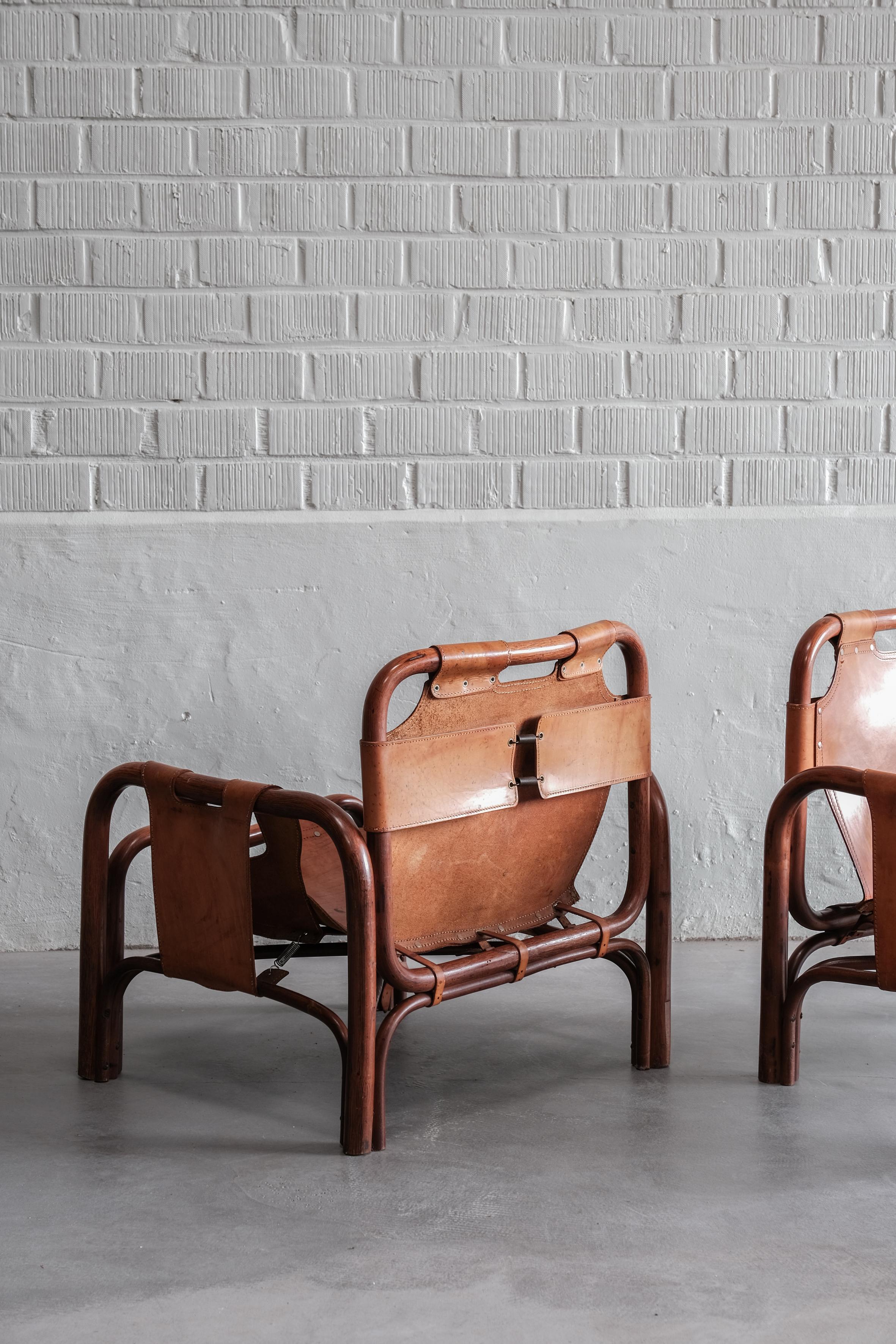 Mid-Century Modern Paire de chaises longues safari Tito Agnoli pour Bonacina en cuir d'origine, 1960 en vente