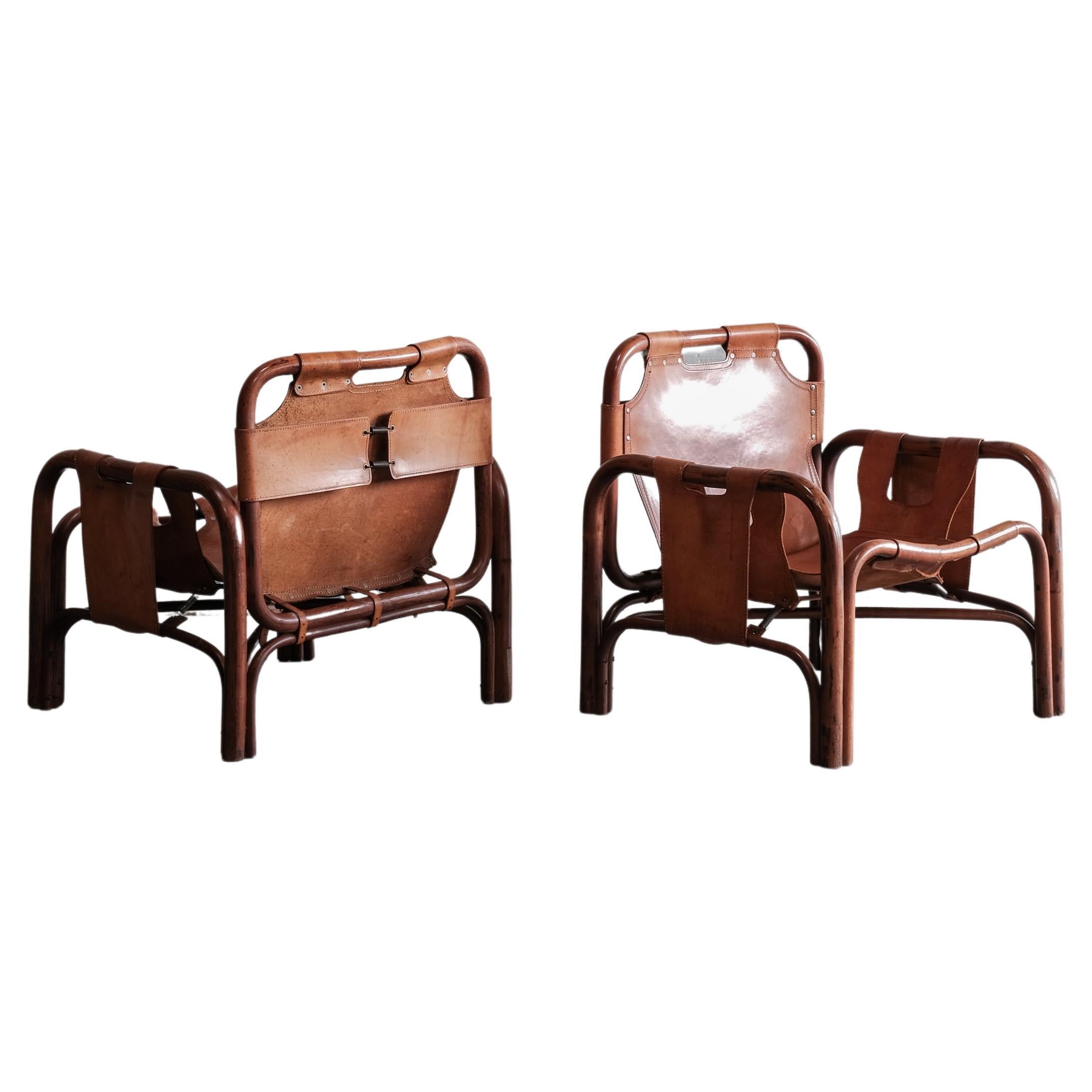 Pair of Tito Agnoli safari lounge chairs for Bonacina 1960 with original leather For Sale