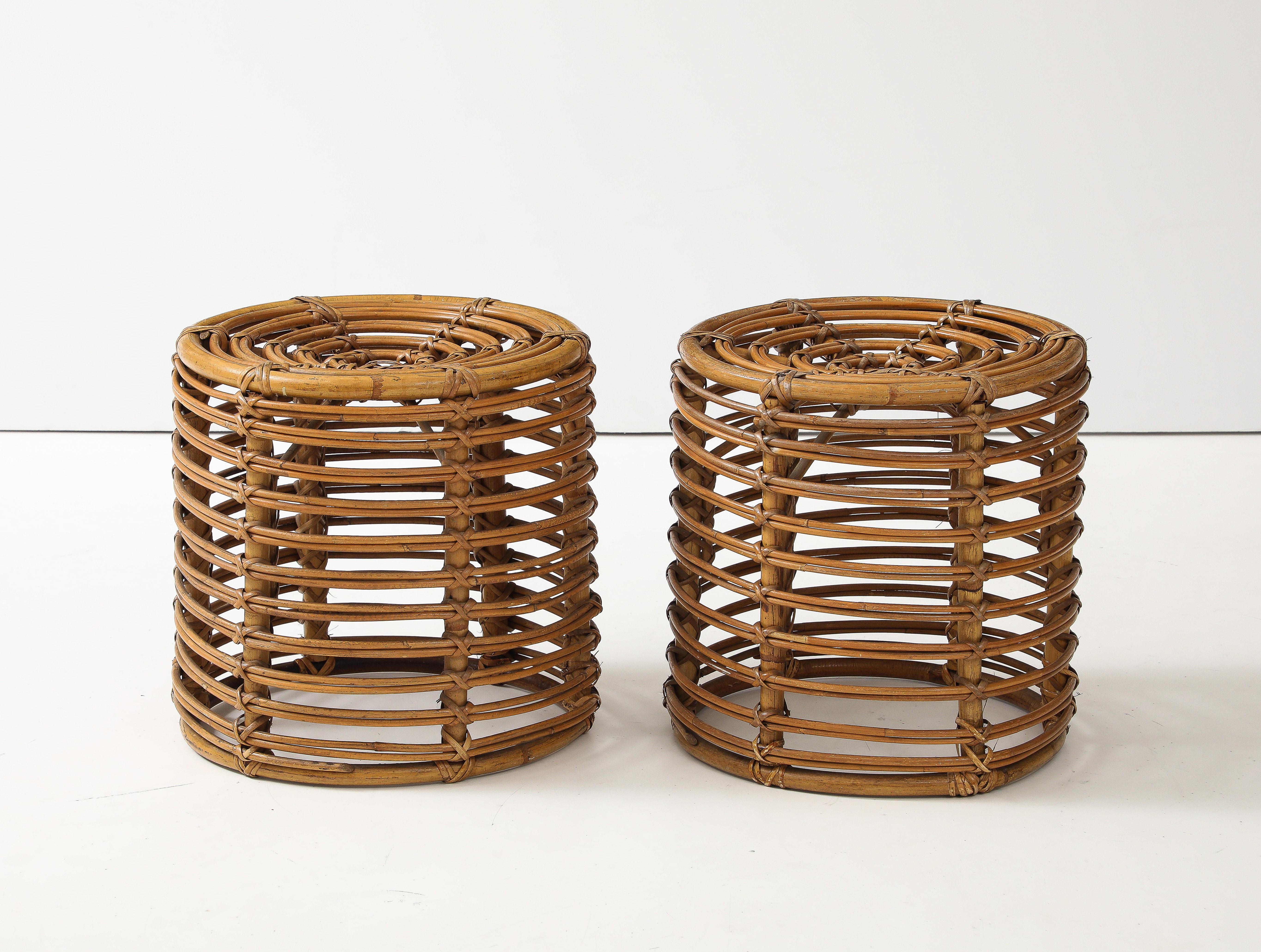 ]Pair of Tito Agnoli Cane Stools, Italy, 1960
Cane
Measures: H: 17.5 Diam. 15.75 inches

Many are not stable or not straight. We choose only the best ones!