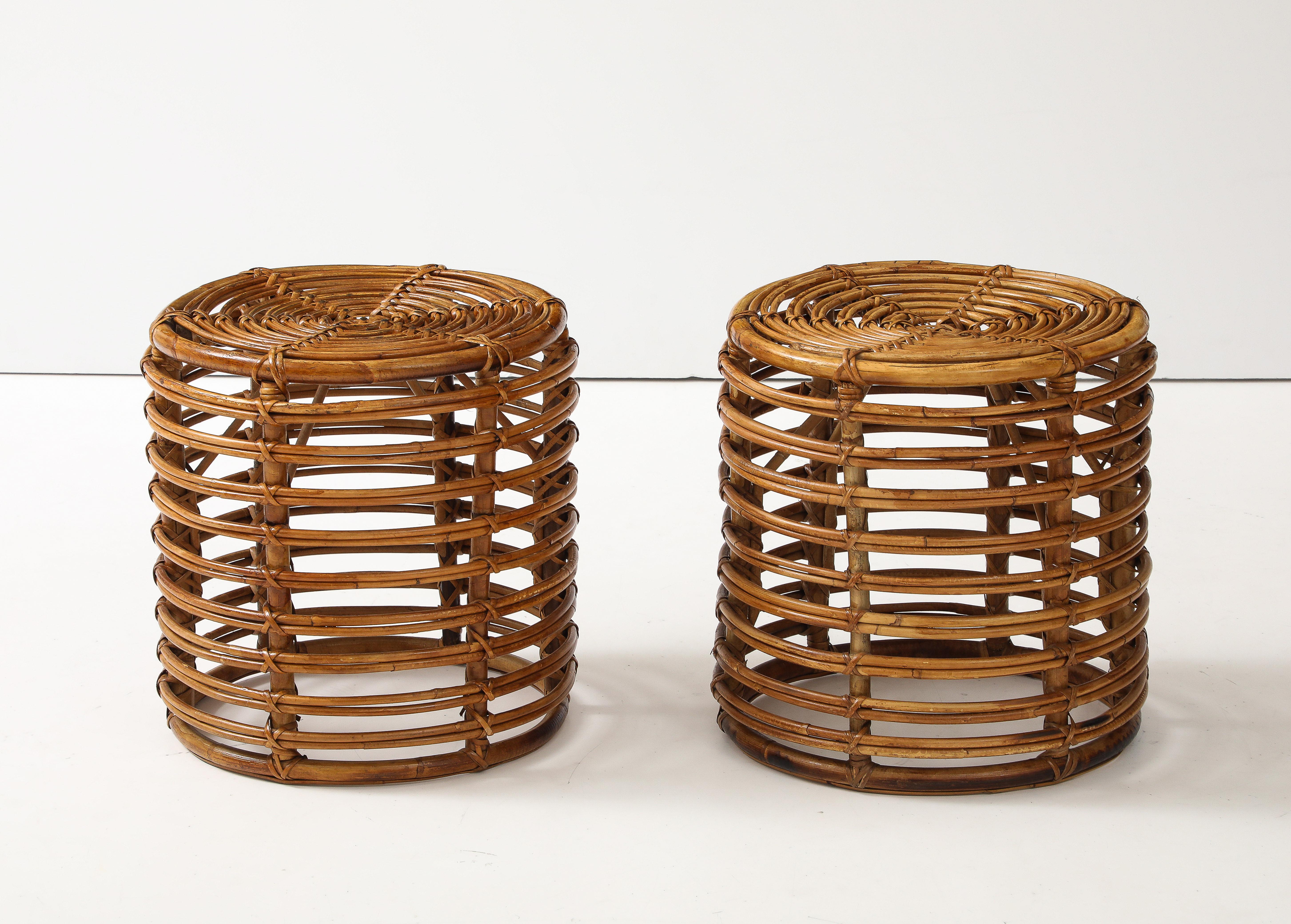 ]Pair of Tito Agnoli Cane Stools, Italy, 1960
Cane
Measures: H: 17.5 Diam. 15.75 inches

Many are not stable or not straight. We choose only the best ones!
