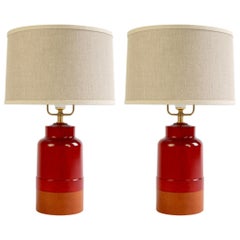 Pair of Tiverton Lamps in Oxblood Red Stain with Cognac Leather by O&G Studio