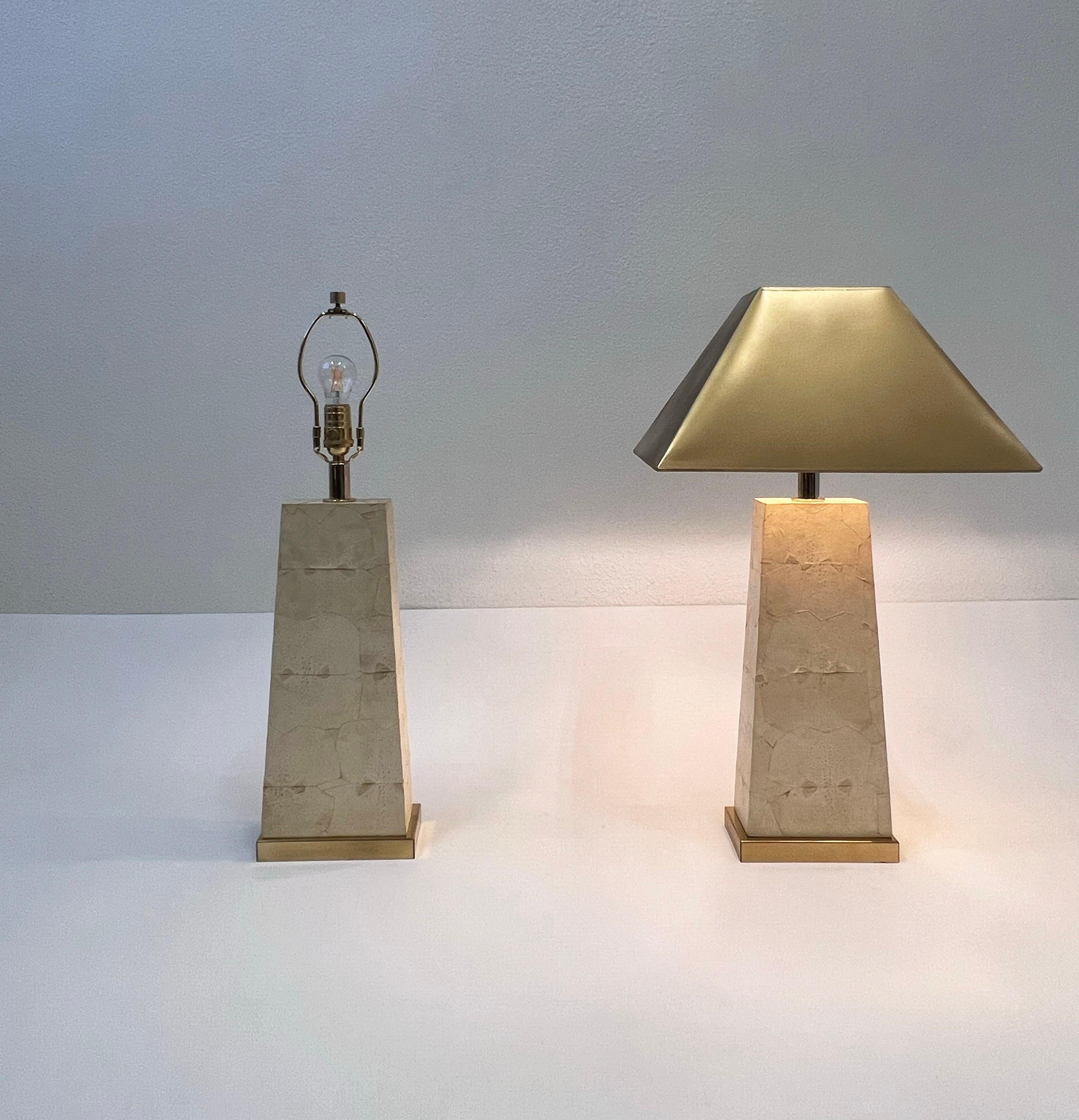 American Pair of Toad Leather and Brass Table Lamps  For Sale