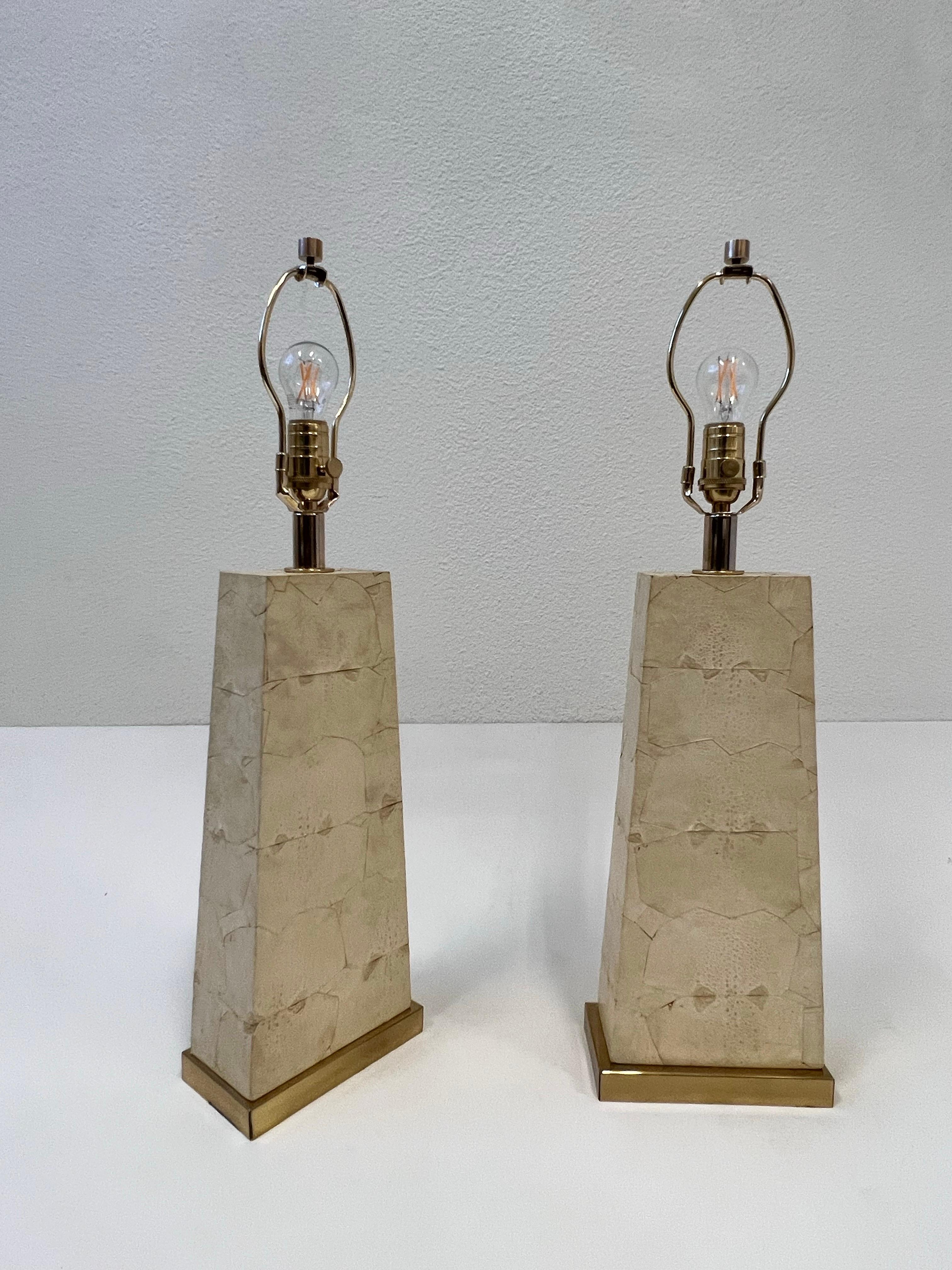 Pair of Toad Leather and Brass Table Lamps  In Good Condition For Sale In Palm Springs, CA