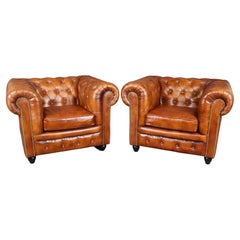 Pair of Tobacco Colored Cigar English Chesterfield Club Chairs with Nailheads