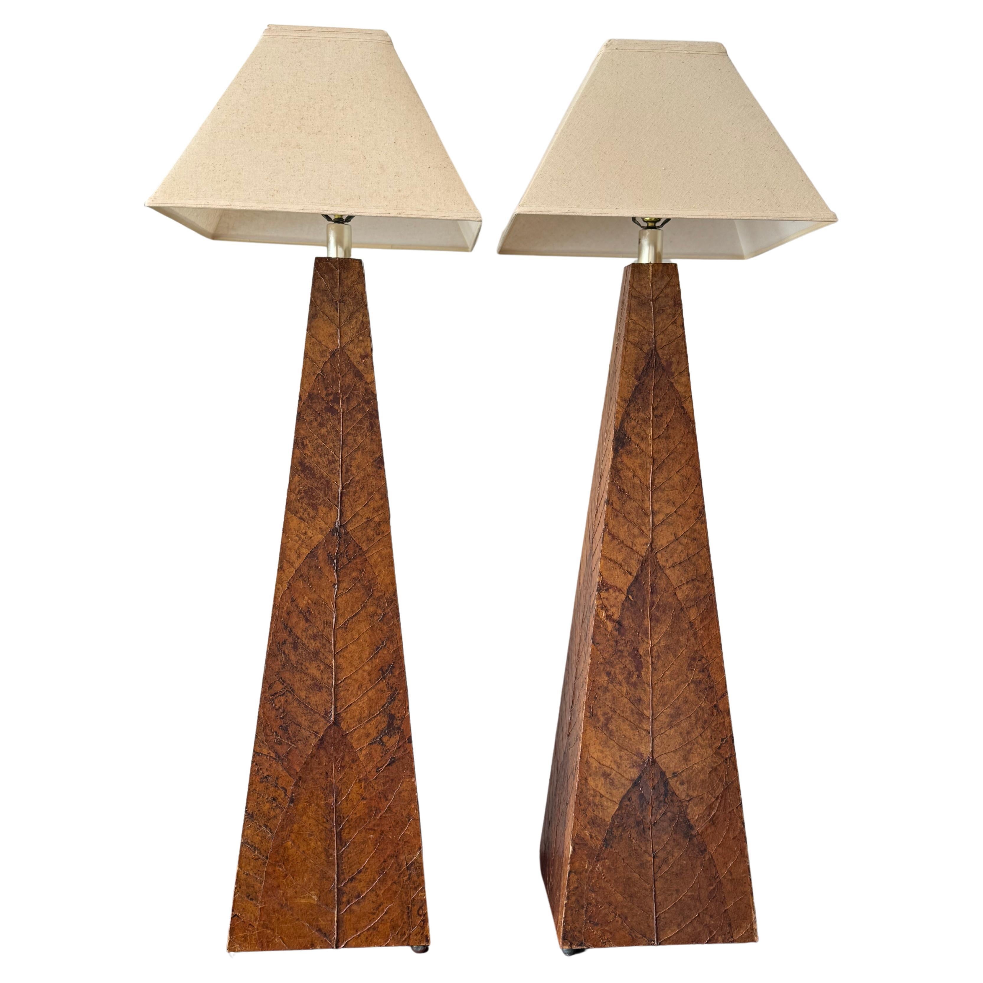 Pair Of Tobacco Leaf Covered Floor Lamps  For Sale