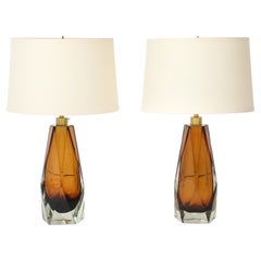 Pair of Tobacco or Cognac Murano Glass and Brass Lamps, Signed, Italy