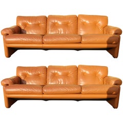 Pair of Tobia Scarpa "Coronado" Light Cognac Leather Three-Seats Sofa for B&B