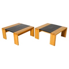 Paire de tables basses et de tables d'appoint inspirées de Tobia Scarpa en teck et pierre par Leolux