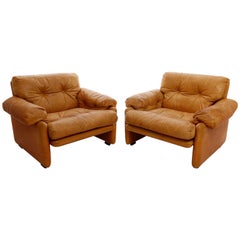 Pair of Tobia Scarpa Lounge Chairs Coronado for C&B Italia, Cognac Leather, 1970