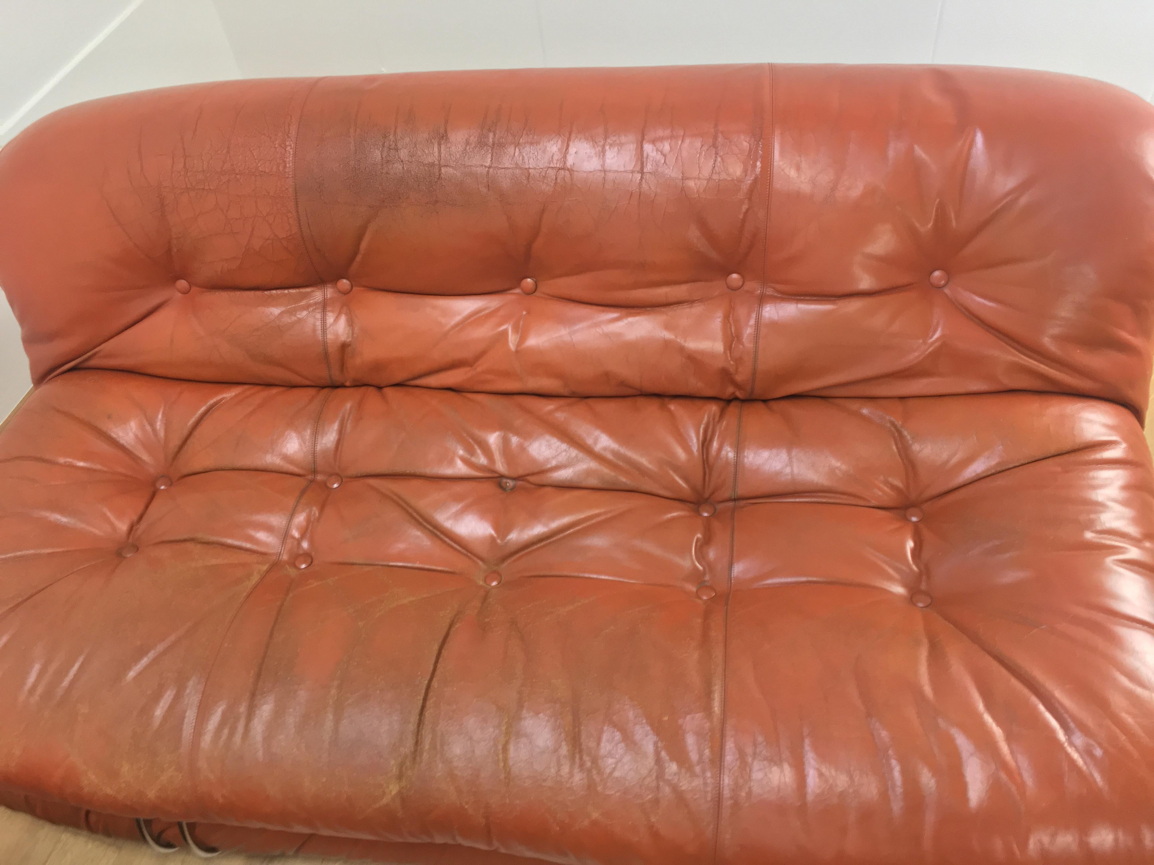 Pair of Tobia Scarpa Soriana sofas for Cassina, 2 seatings, cognac leather For Sale 9