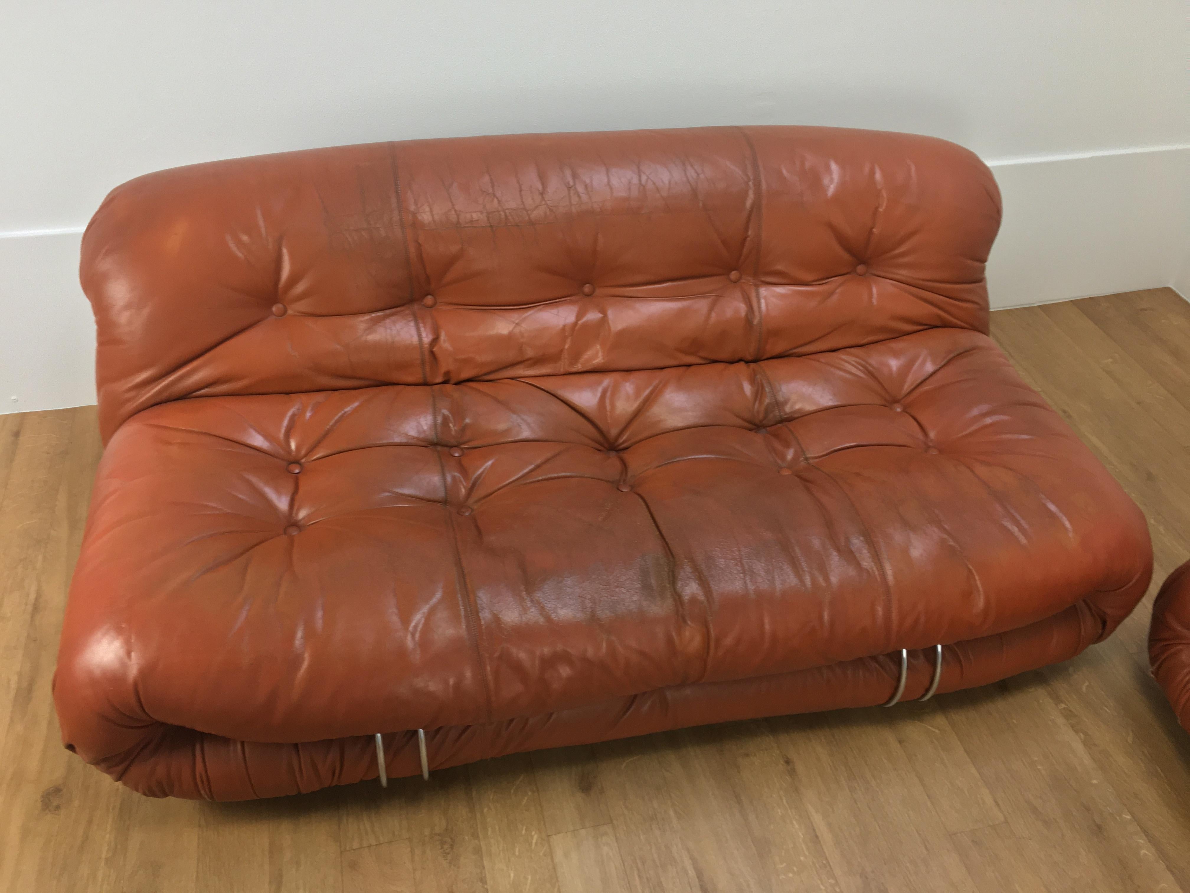 Mid-20th Century Pair of Tobia Scarpa Soriana sofas for Cassina, 2 seatings, cognac leather For Sale