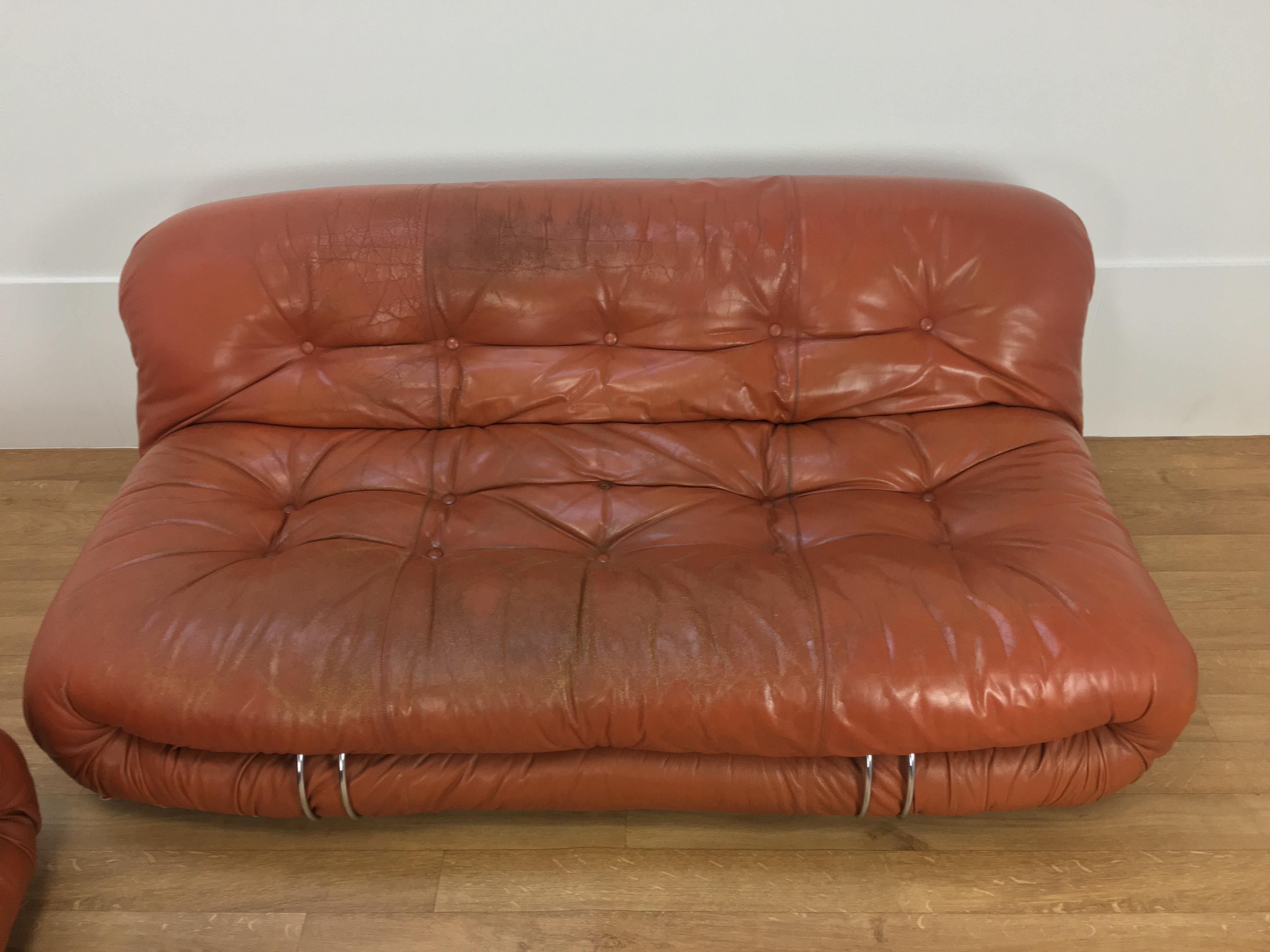 Leather Pair of Tobia Scarpa Soriana sofas for Cassina, 2 seatings, cognac leather For Sale