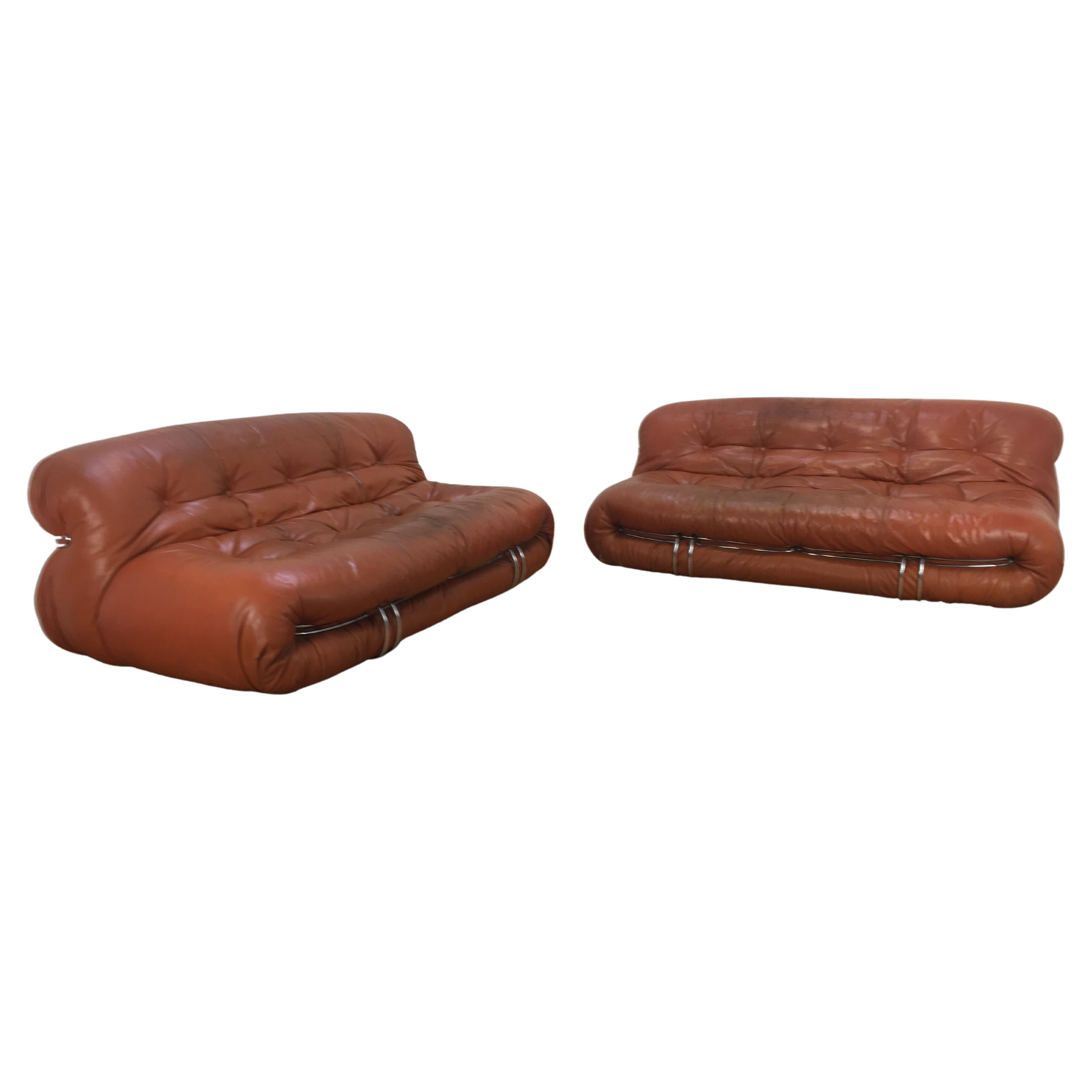 Pair of Tobia Scarpa Soriana sofas for Cassina, 2 seatings, cognac leather For Sale