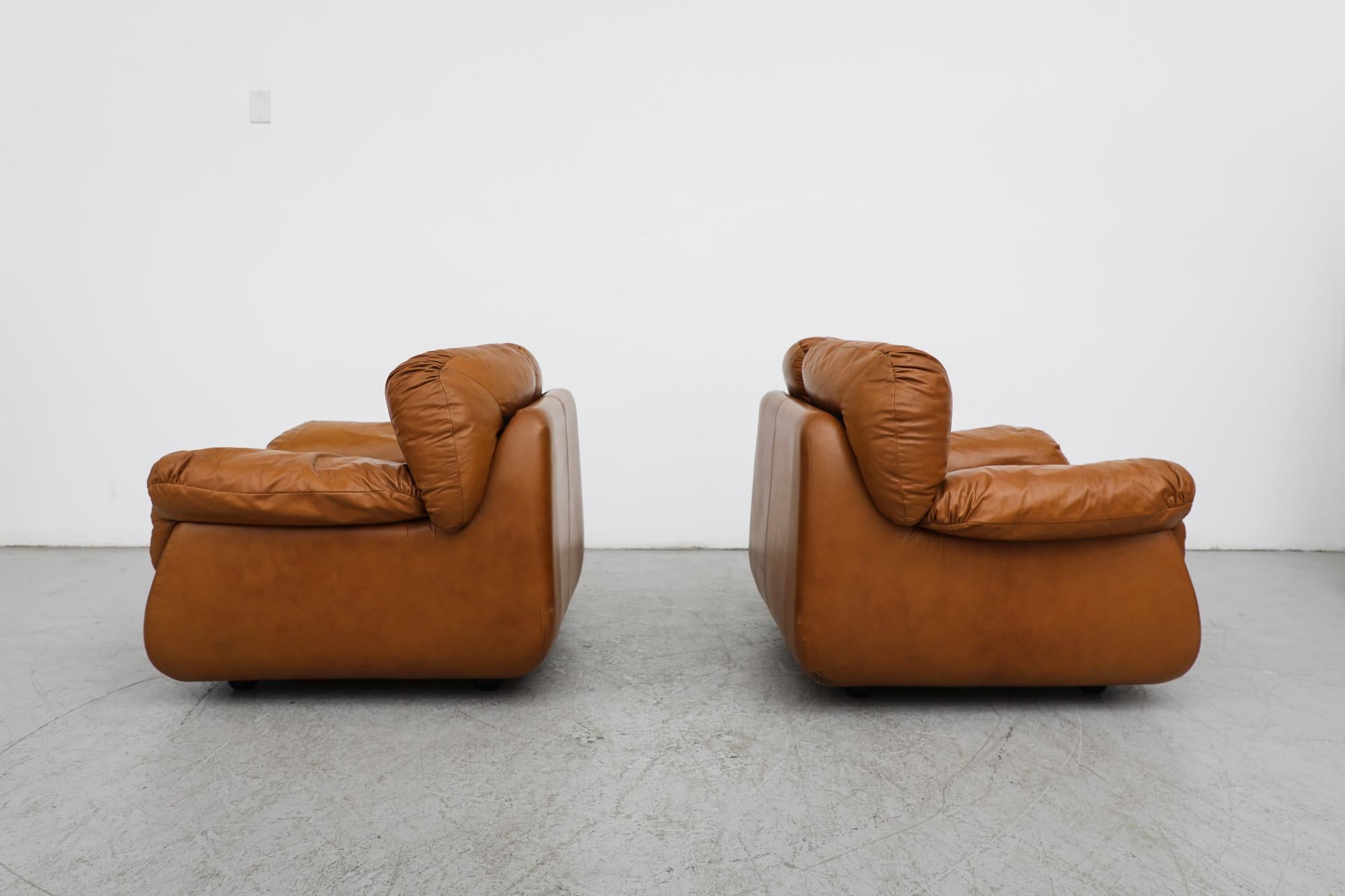 Mid-20th Century Pair of Italian Tobia Scarpa Style Cognac Faux Leather Lounge Chairs For Sale