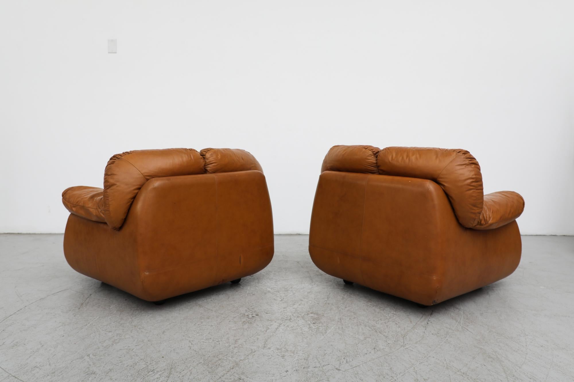 Mid-20th Century Pair of Tobia Scarpa Style Faux Cognac Leather Lounge Chairs For Sale
