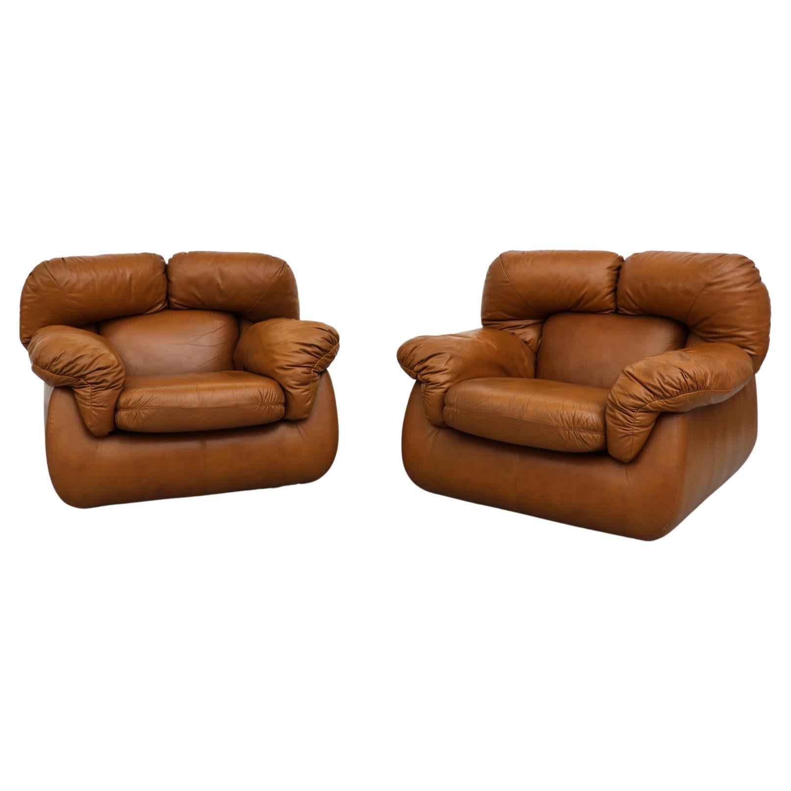 Pair of Italian Tobia Scarpa Style Cognac Faux Leather Lounge Chairs For Sale