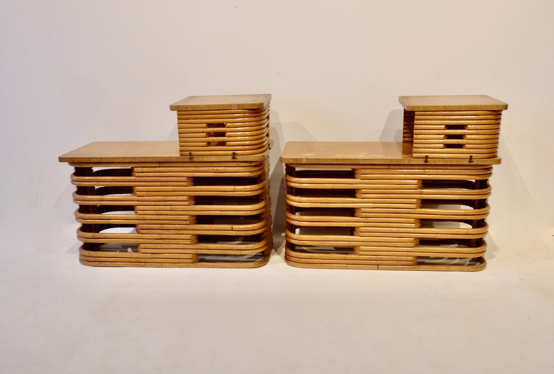 Pair of Tochiku Japan Stacked Bamboo Side Tables with Top Tier In Good Condition In Ferndale, MI