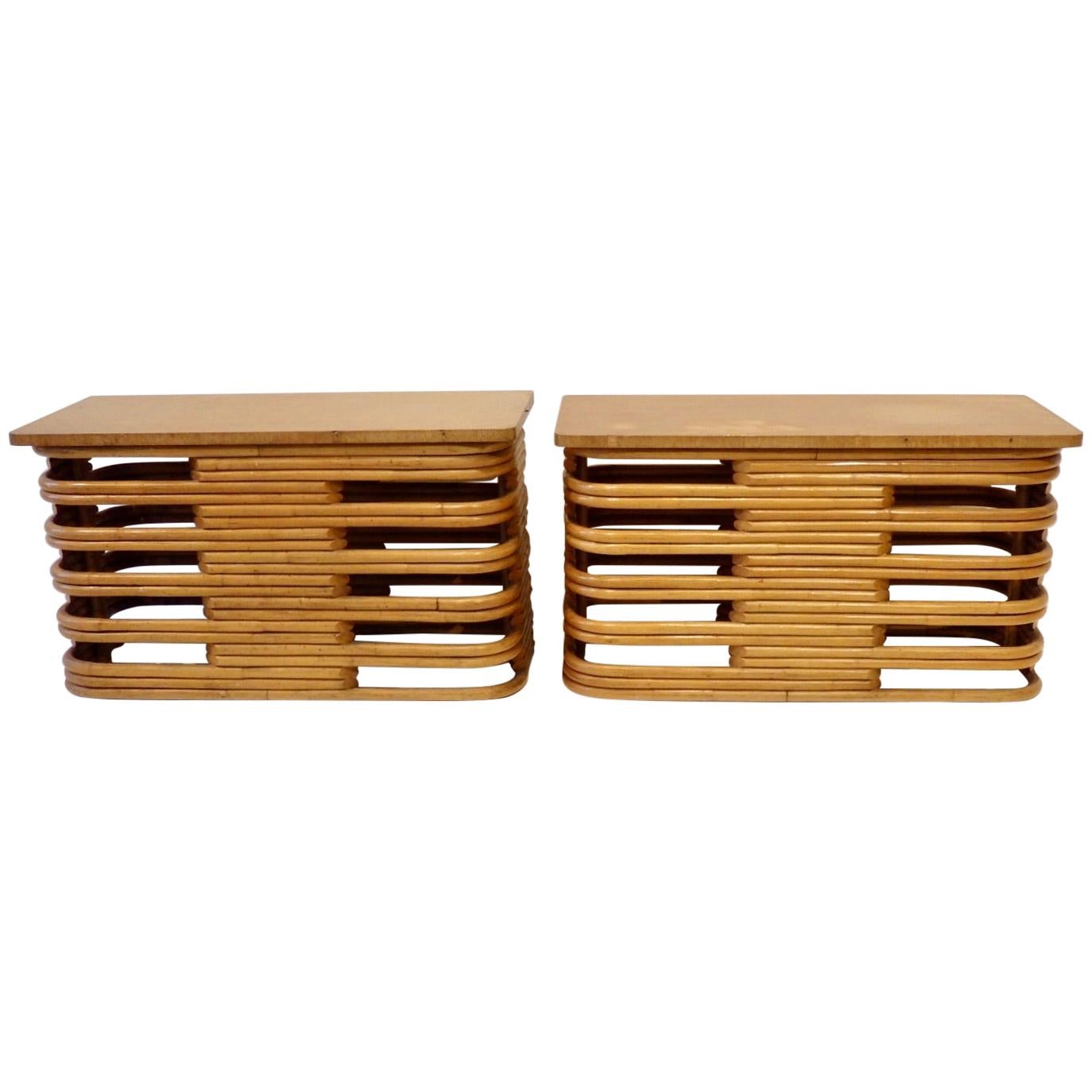 Pair of Tochiku Japan Stacked Bamboo Side Tables with Top Tier