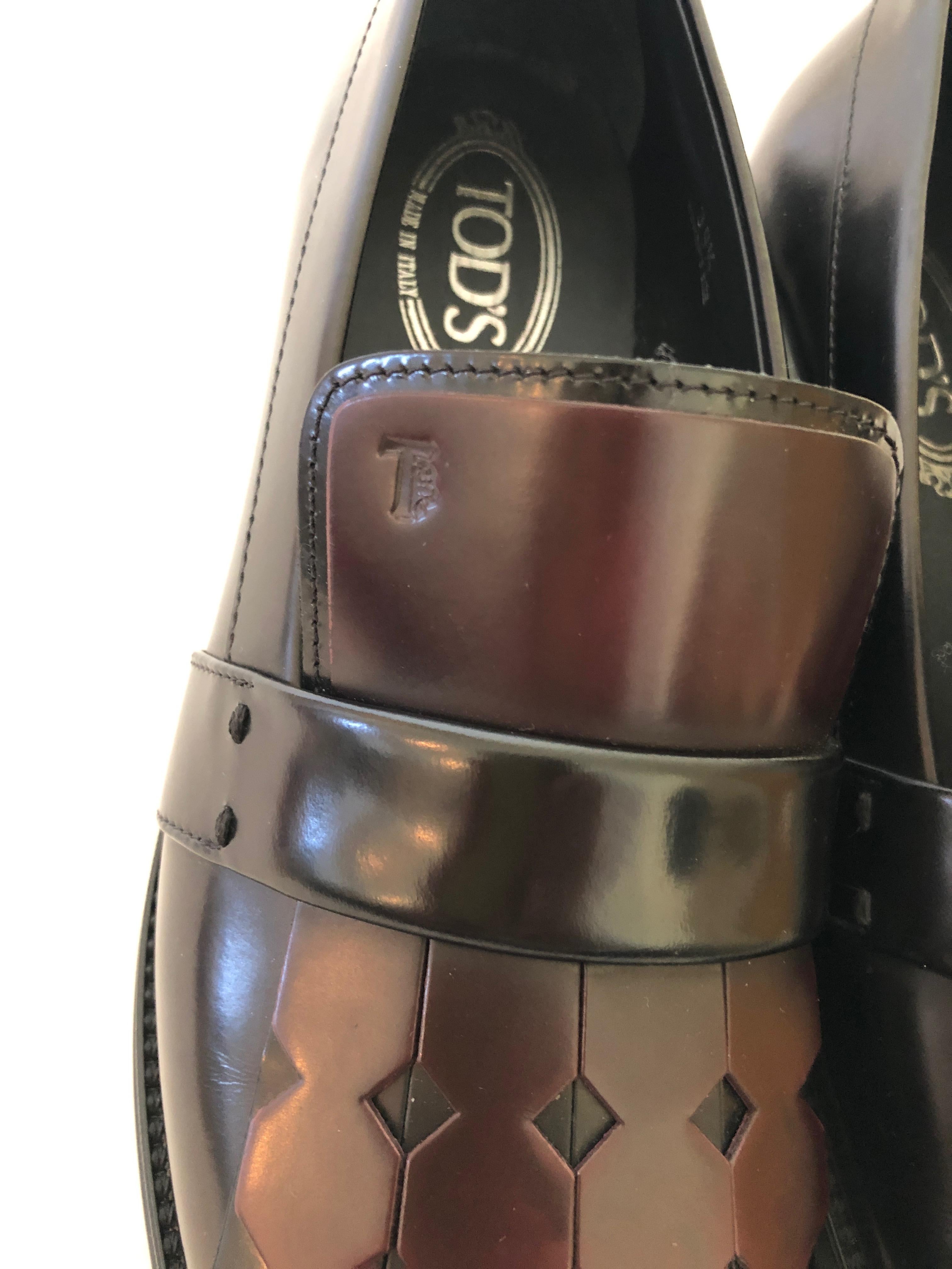 Pair of Tod's Cordovan (Burgundy) & Black Leather Kiltie Tassel Flap Loafers  For Sale 8