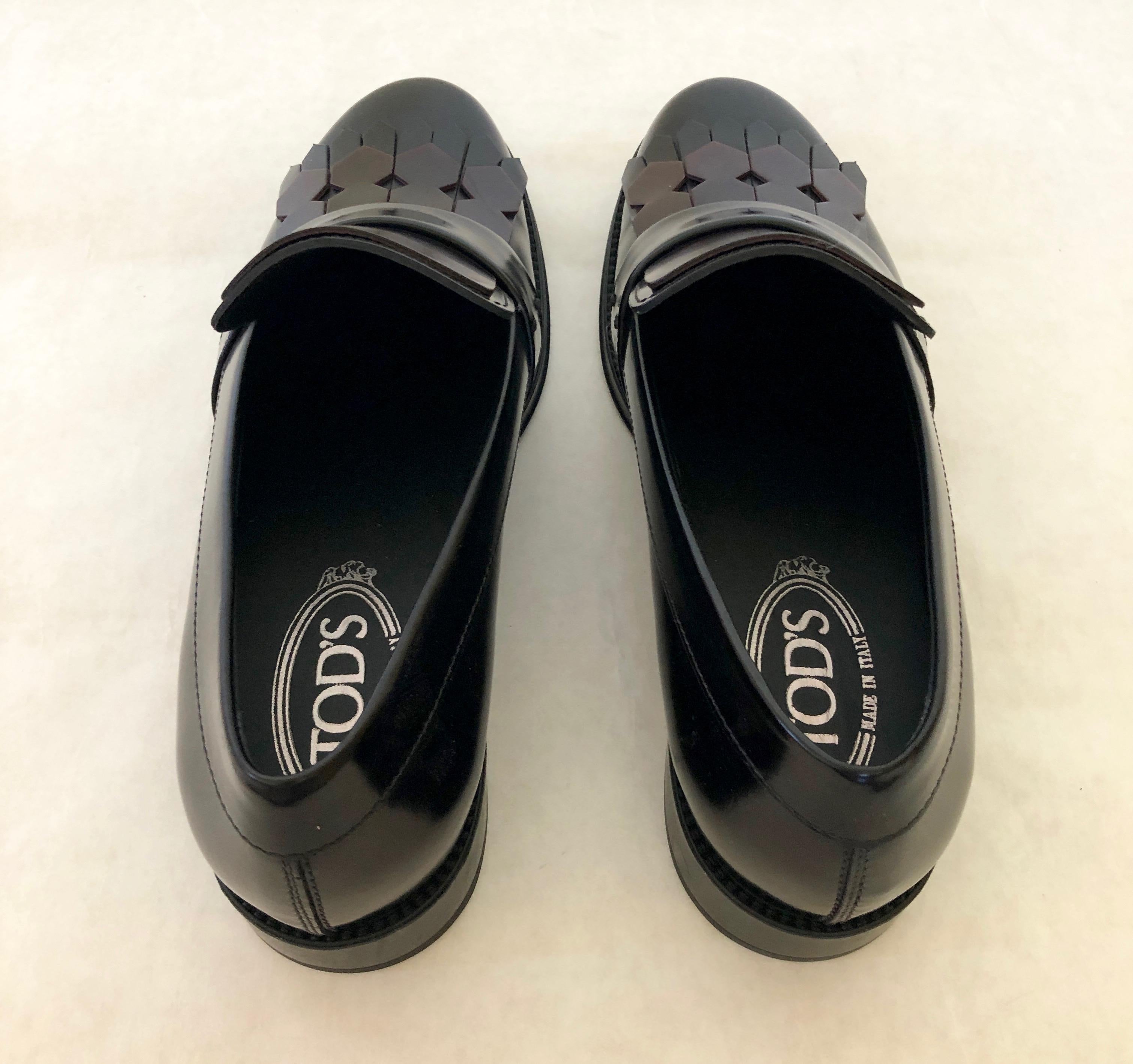 Pair of Tod's Cordovan (Burgundy) & Black Leather Kiltie Tassel Flap Loafers For Sale 1