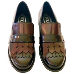 Pair of Tod's Cordovan (Burgundy) & Black Leather Kiltie Tassel Flap Loafers