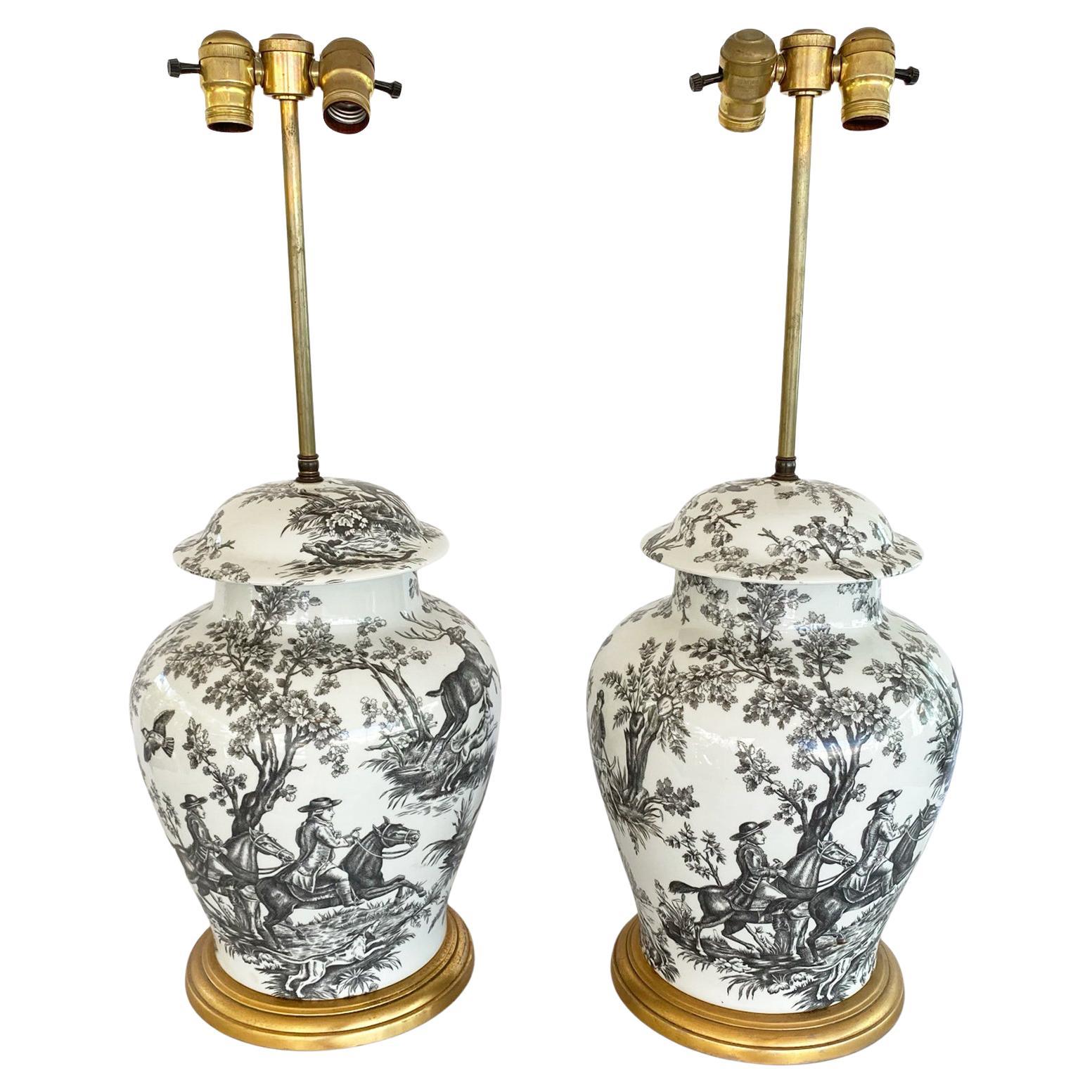 Pair of Toile Ginger Jar Lamps by Porcelaine de Paris For Sale