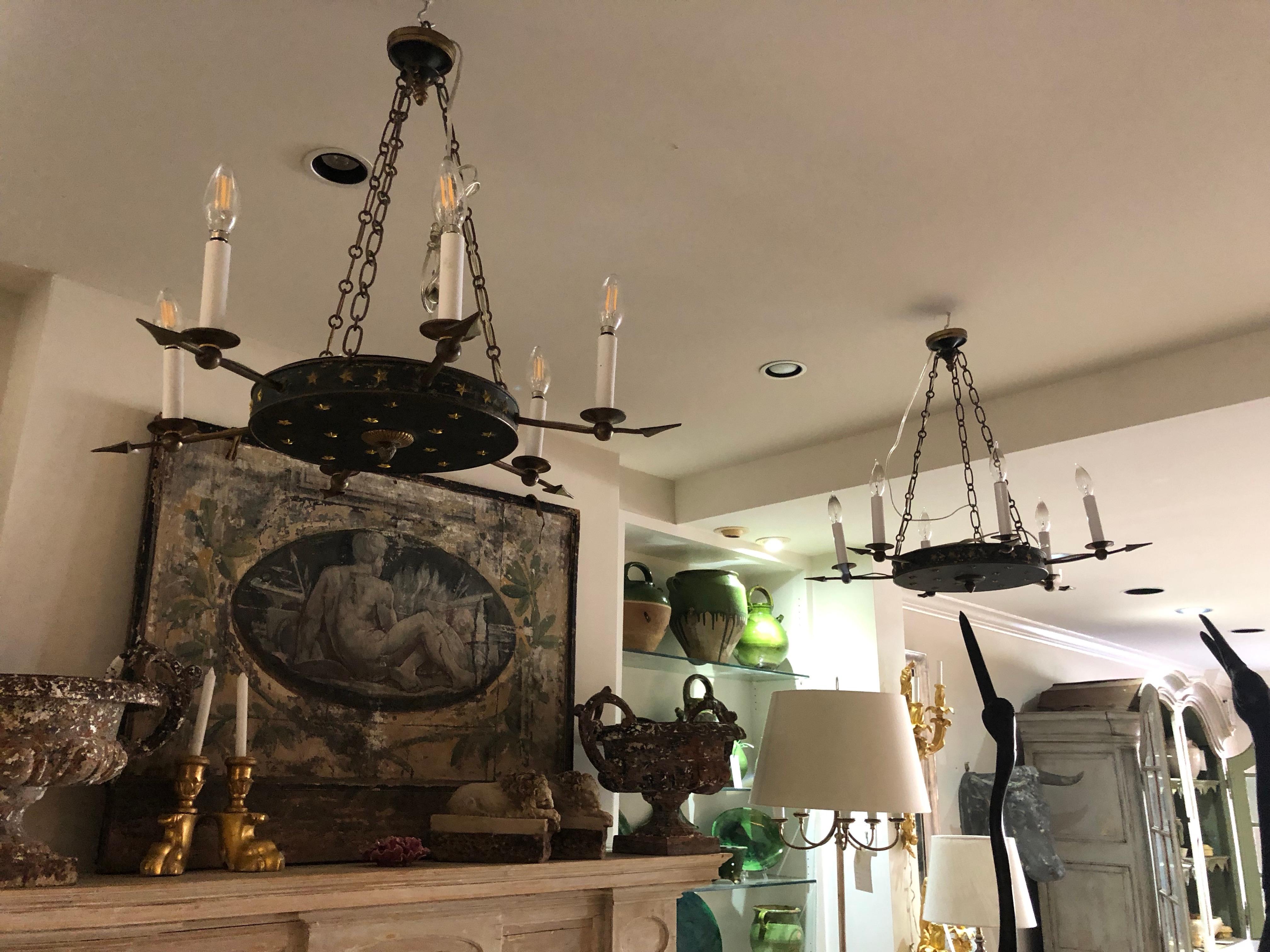 Pair of Tole and Bronze Painted Chandeliers, Will Sell Separately 6