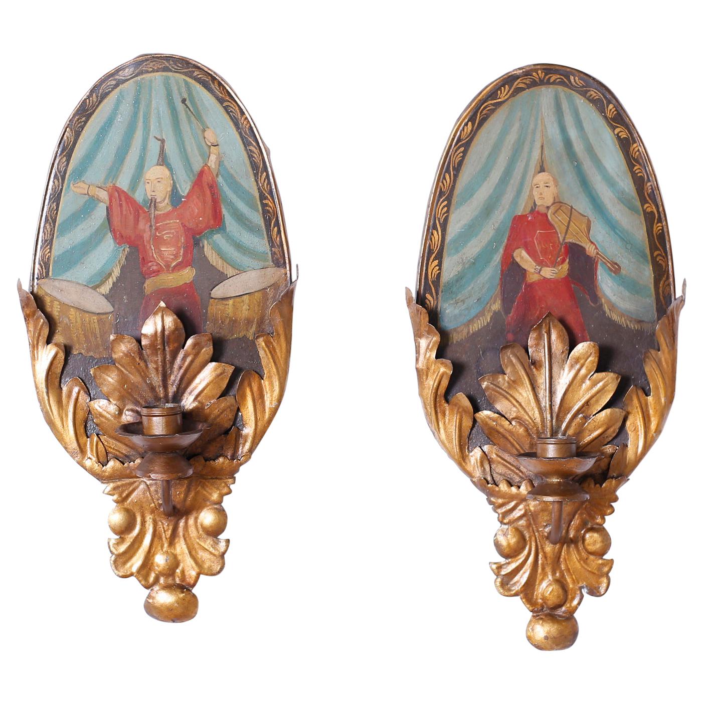 Pair of Tole and Gilt Metal Italian Style Wall Sconces