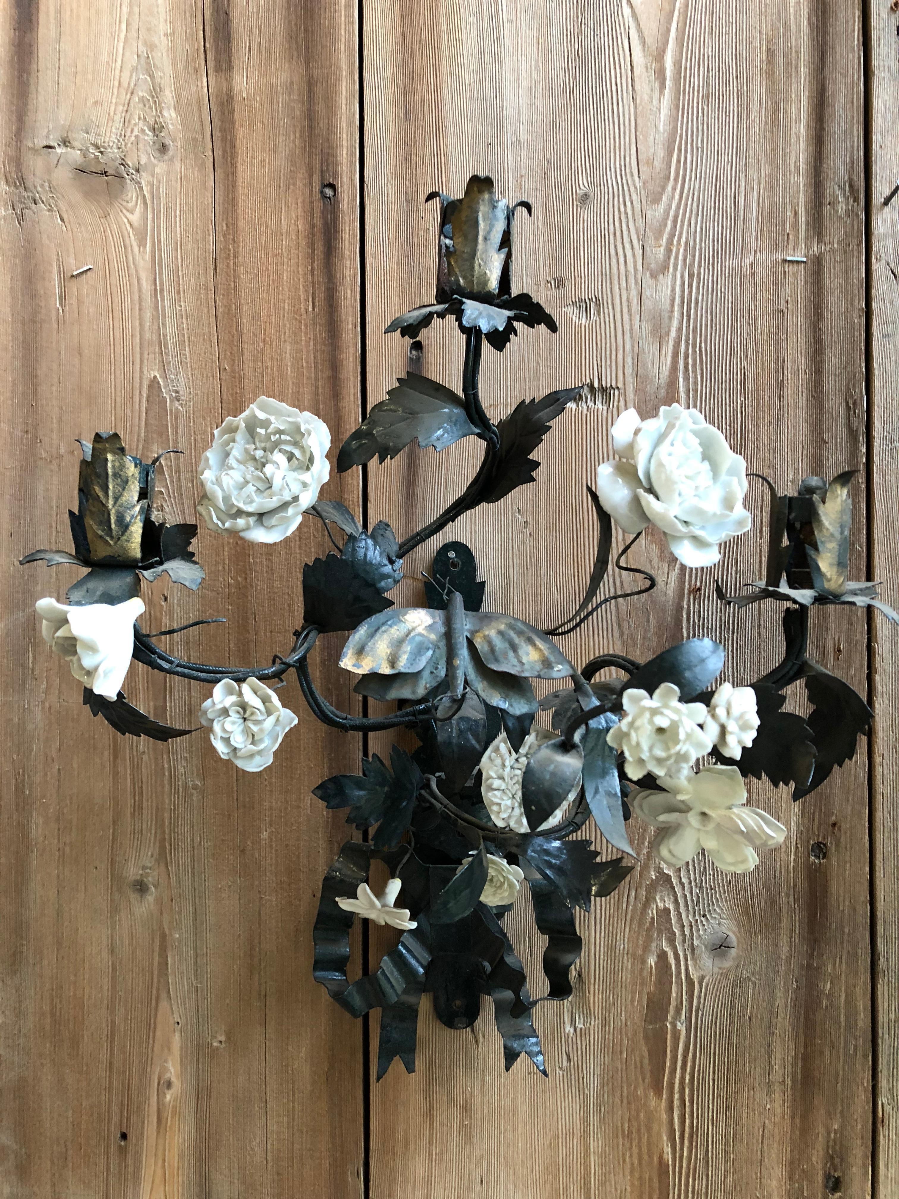 Louis XVI Pair of Tole and White Bisque Floral Sconces