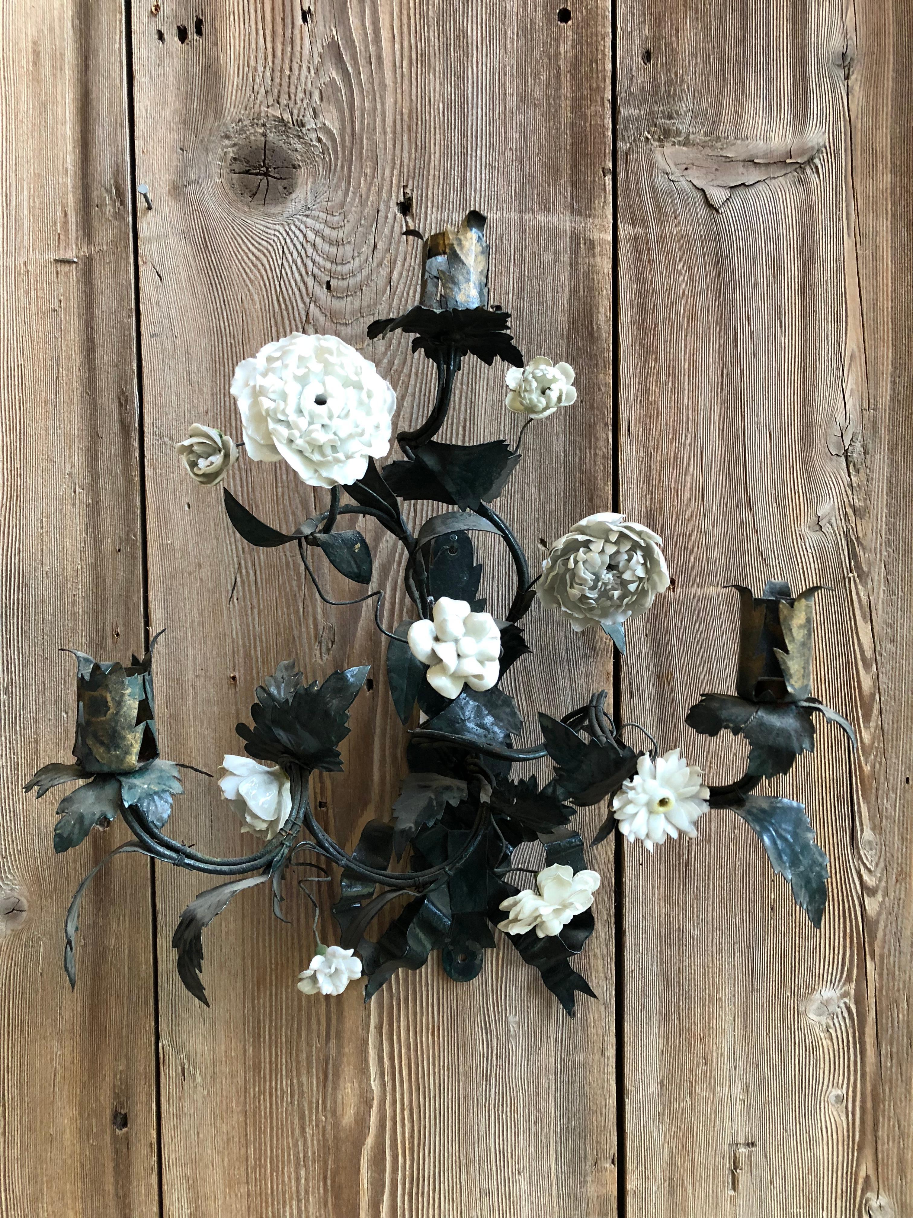 Italian Pair of Tole and White Bisque Floral Sconces
