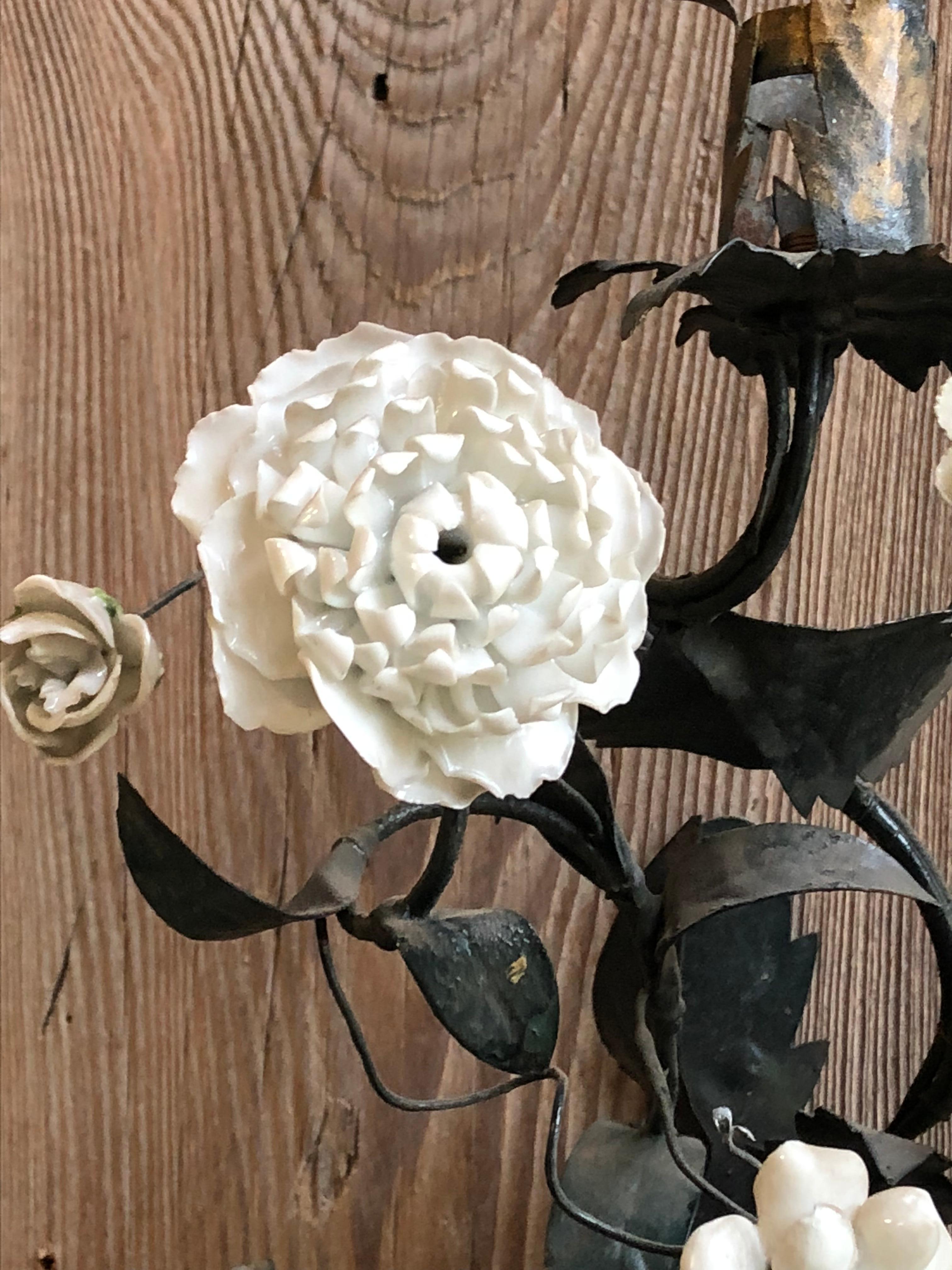 Pair of Tole and White Bisque Floral Sconces In Good Condition In Doylestown, PA