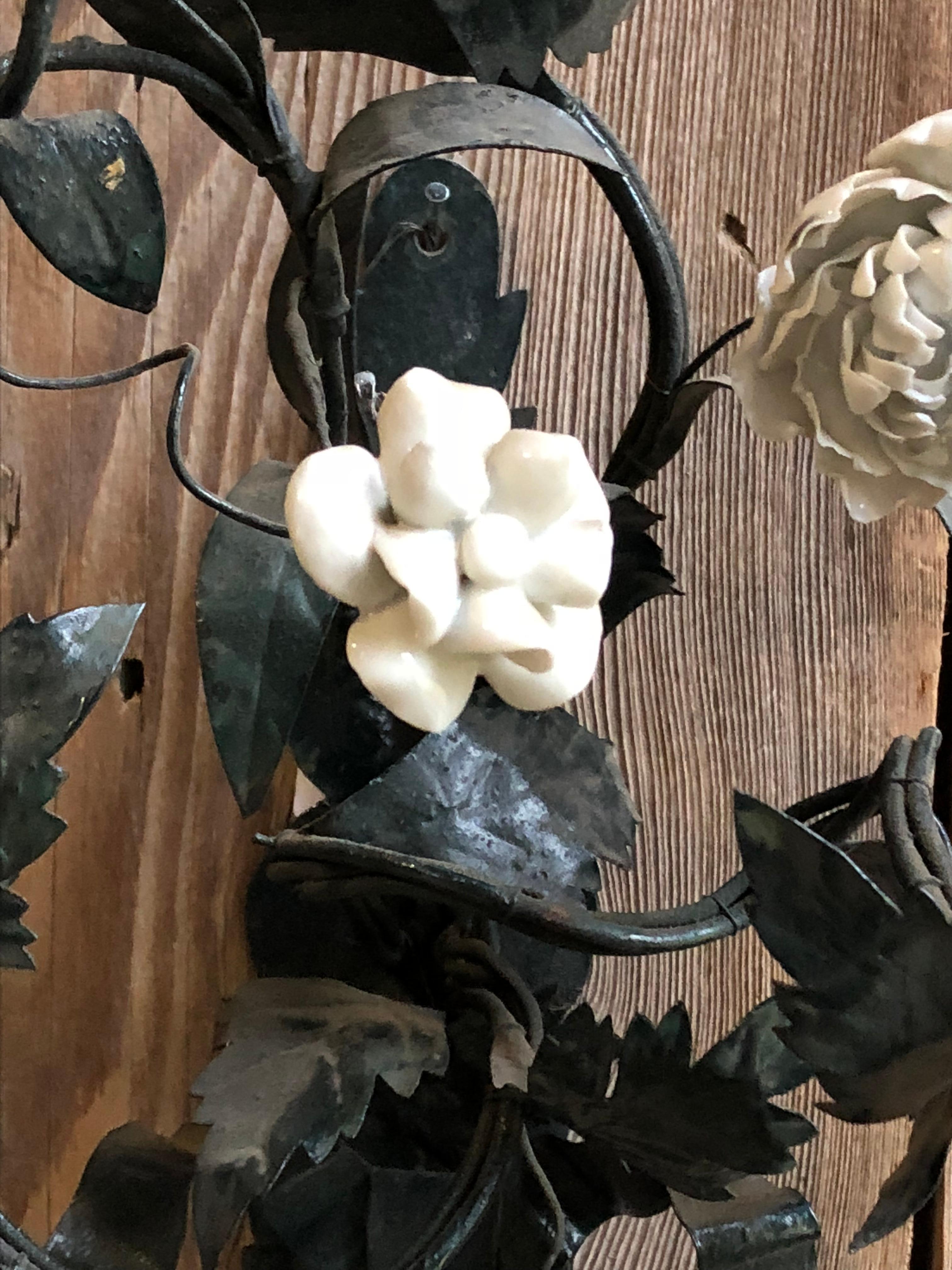 20th Century Pair of Tole and White Bisque Floral Sconces
