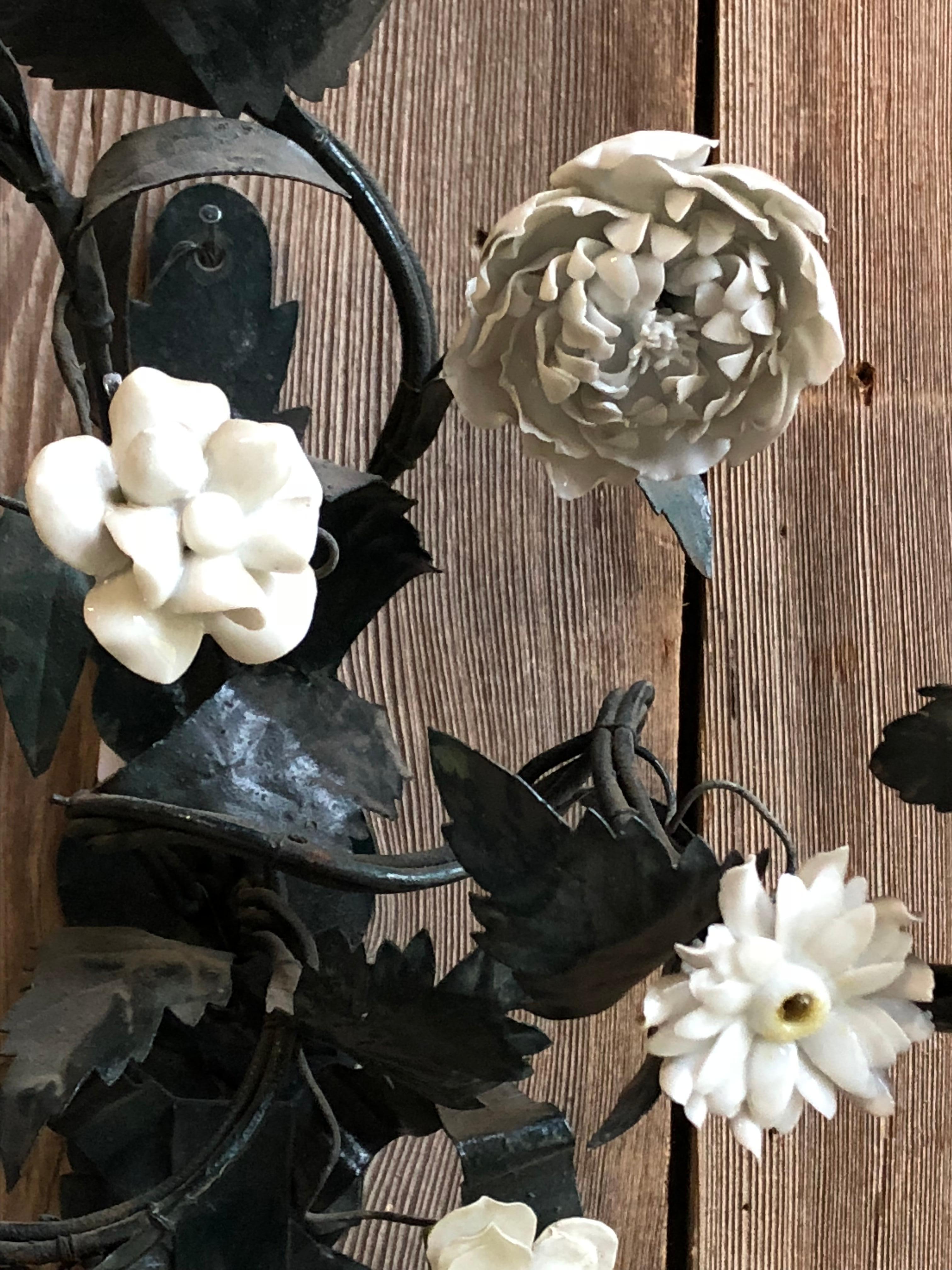 Porcelain Pair of Tole and White Bisque Floral Sconces