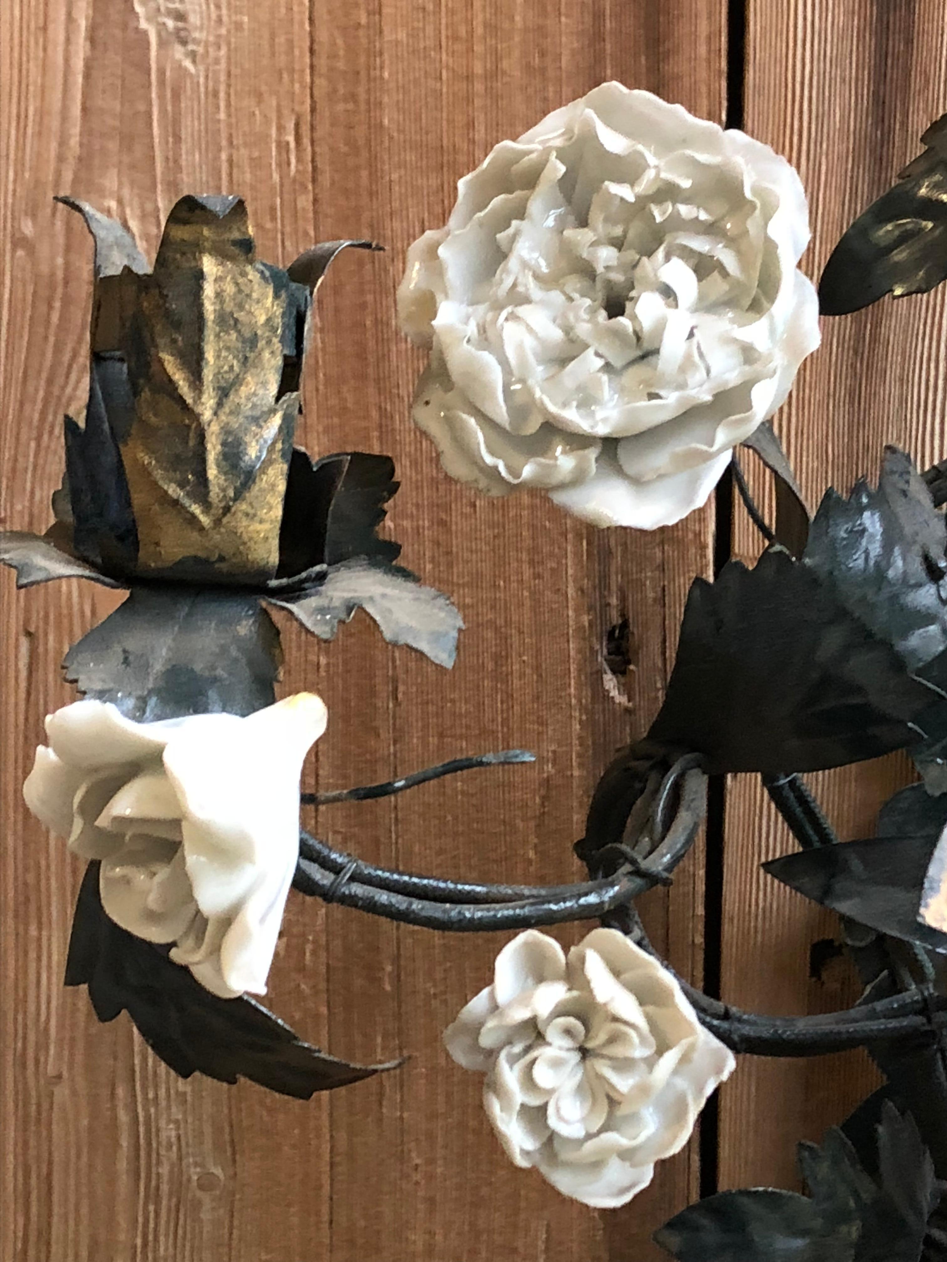 Pair of Tole and White Bisque Floral Sconces 2
