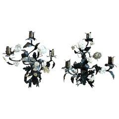 Pair of Tole and White Bisque Floral Sconces