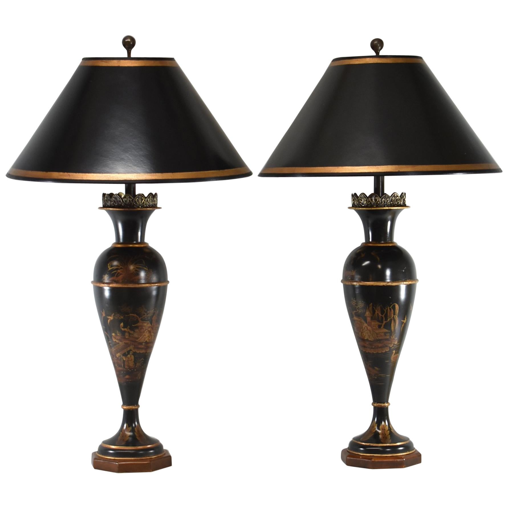 Pair of Black Tole Asian Style Table Lamps